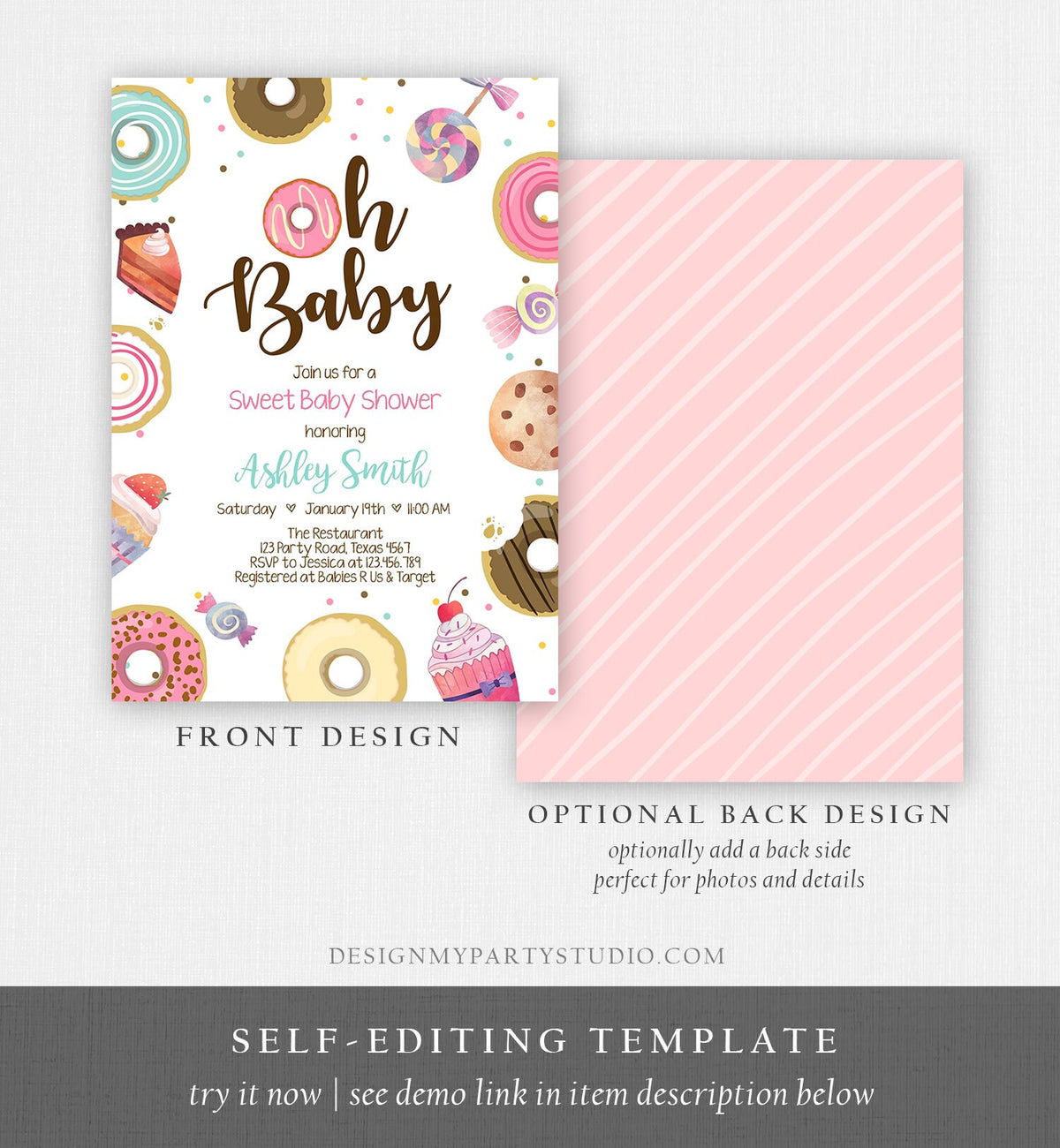 Editable Sweet Baby Shower Invitation Oh Baby Coed Shower Donut Candy Invite Sweet Shoppe Pink Girl Download Corjl Template Printable 0339