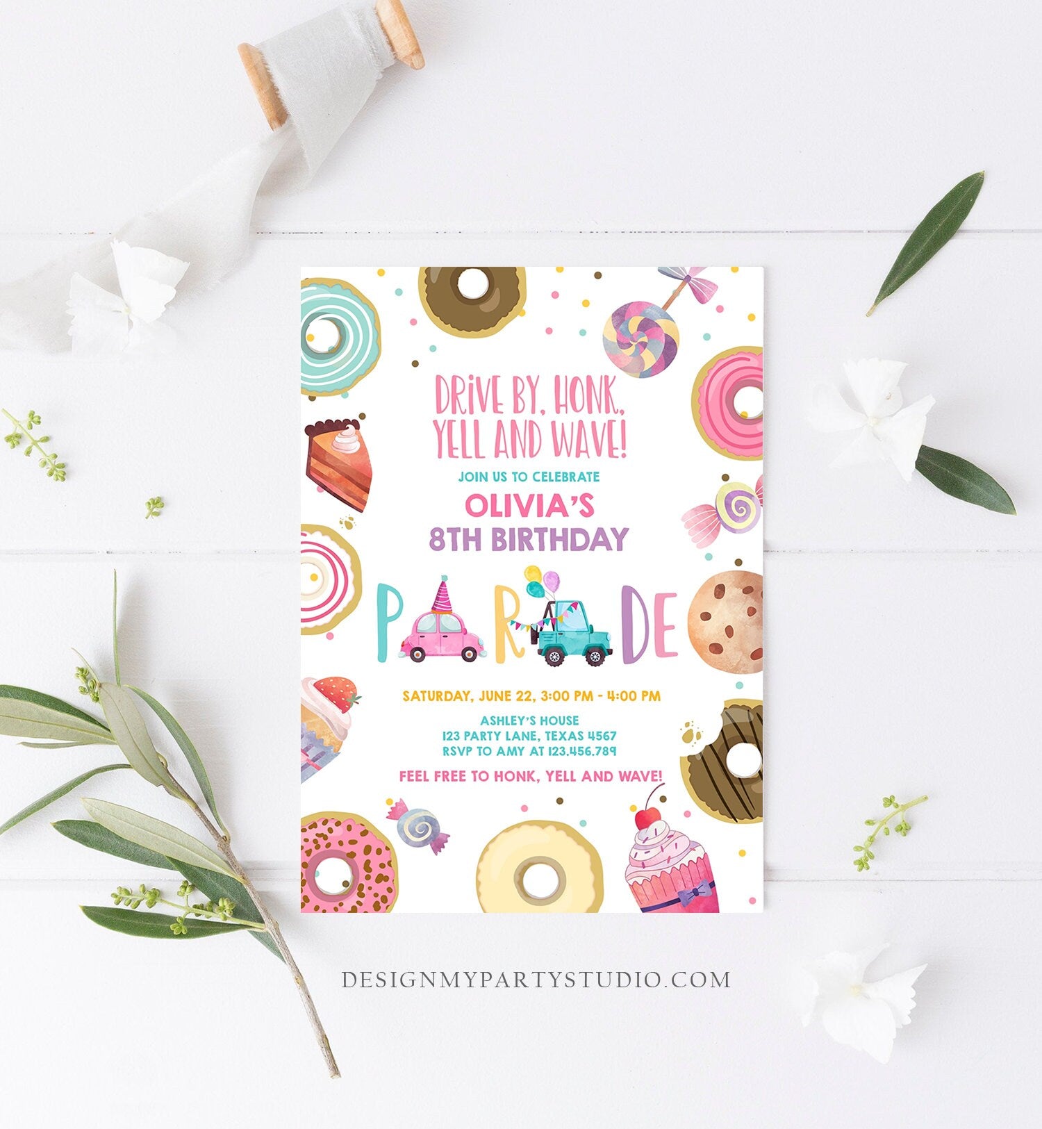 Editable Drive By Birthday Parade Invitation Virtual Party Invite Honk Wave Car Girl Pink Sweets Candy Instant Download Digital Corjl 0339