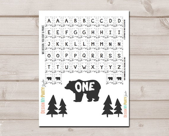 Lumberjack Cake Topper First Birthday Adventure Black and White Woodland Party Name Banner Bear Mountains party decor PRINTABLE Digital 0083