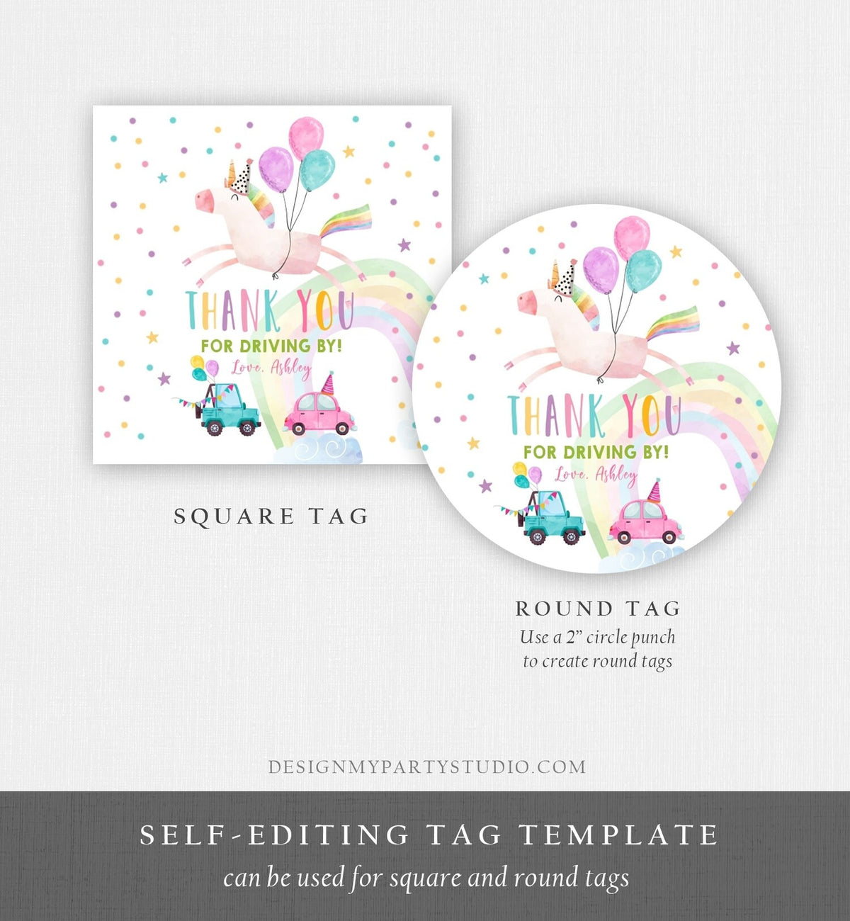 Editable Unicorn Drive By Favor Tag Drive By Birthday Parade Thank You Gift Tags Magical Rainbow Girl Round Sticker Corjl Template 0336