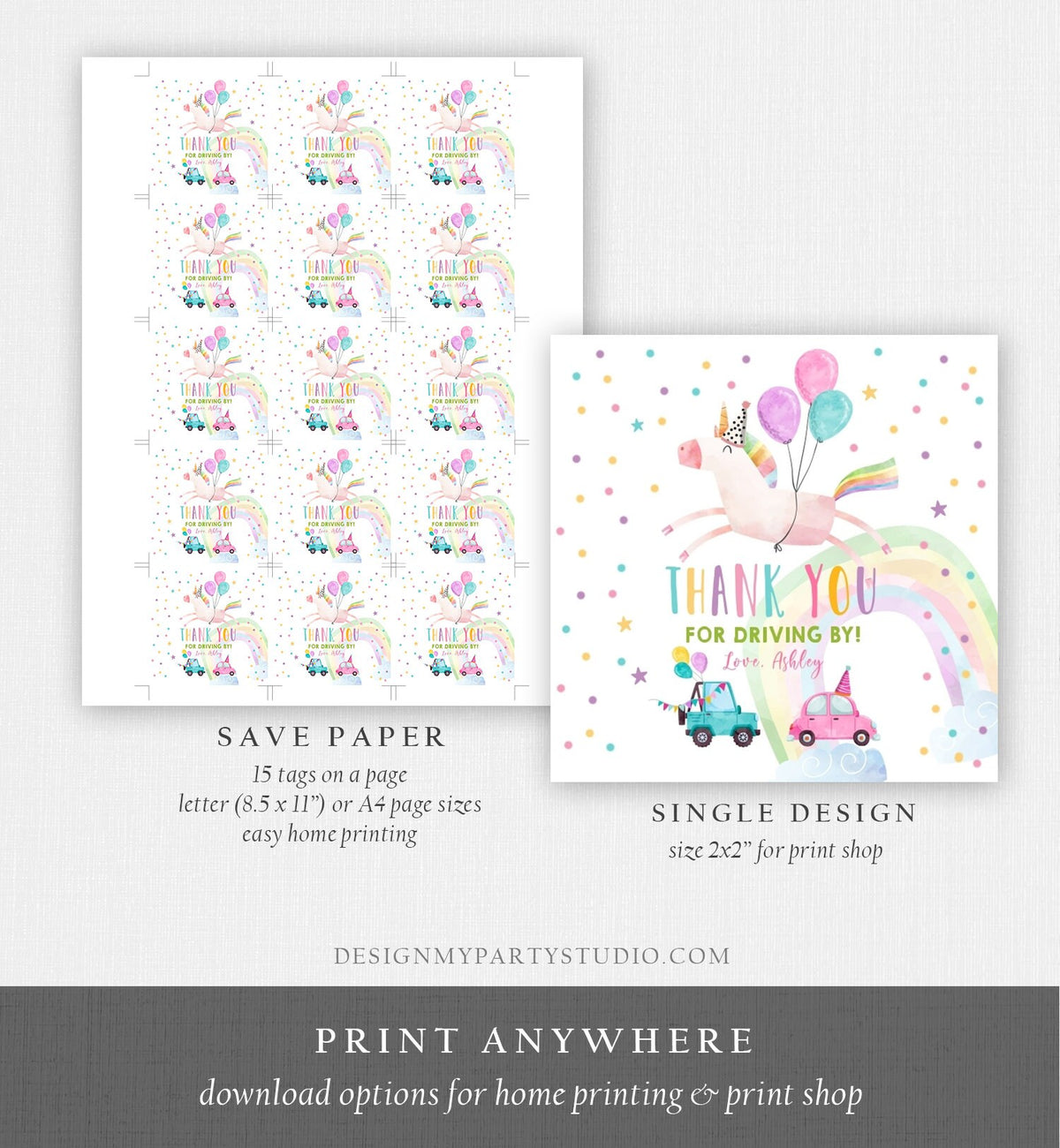 Editable Unicorn Drive By Favor Tag Drive By Birthday Parade Thank You Gift Tags Magical Rainbow Girl Round Sticker Corjl Template 0336