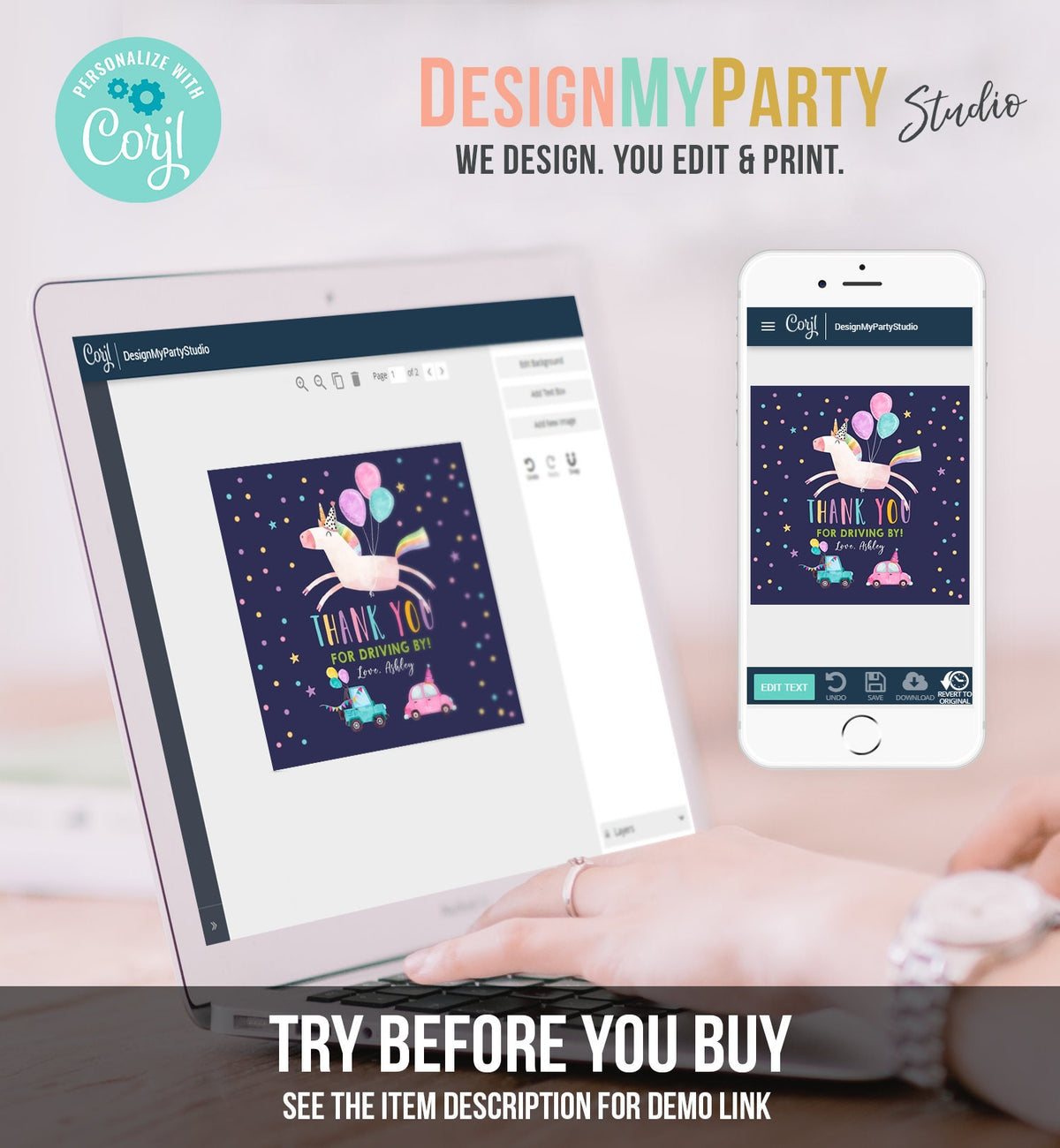 Editable Unicorn Drive By Favor Tag Drive By Birthday Parade Thank You Gift Tags Magical Rainbow Girl Round Sticker Corjl Template 0336