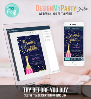Editable Brunch and Bubbly Bridal Shower Invitation Floral Champagne Gold Pink Wedding Download Printable Template Digital Corjl 0051