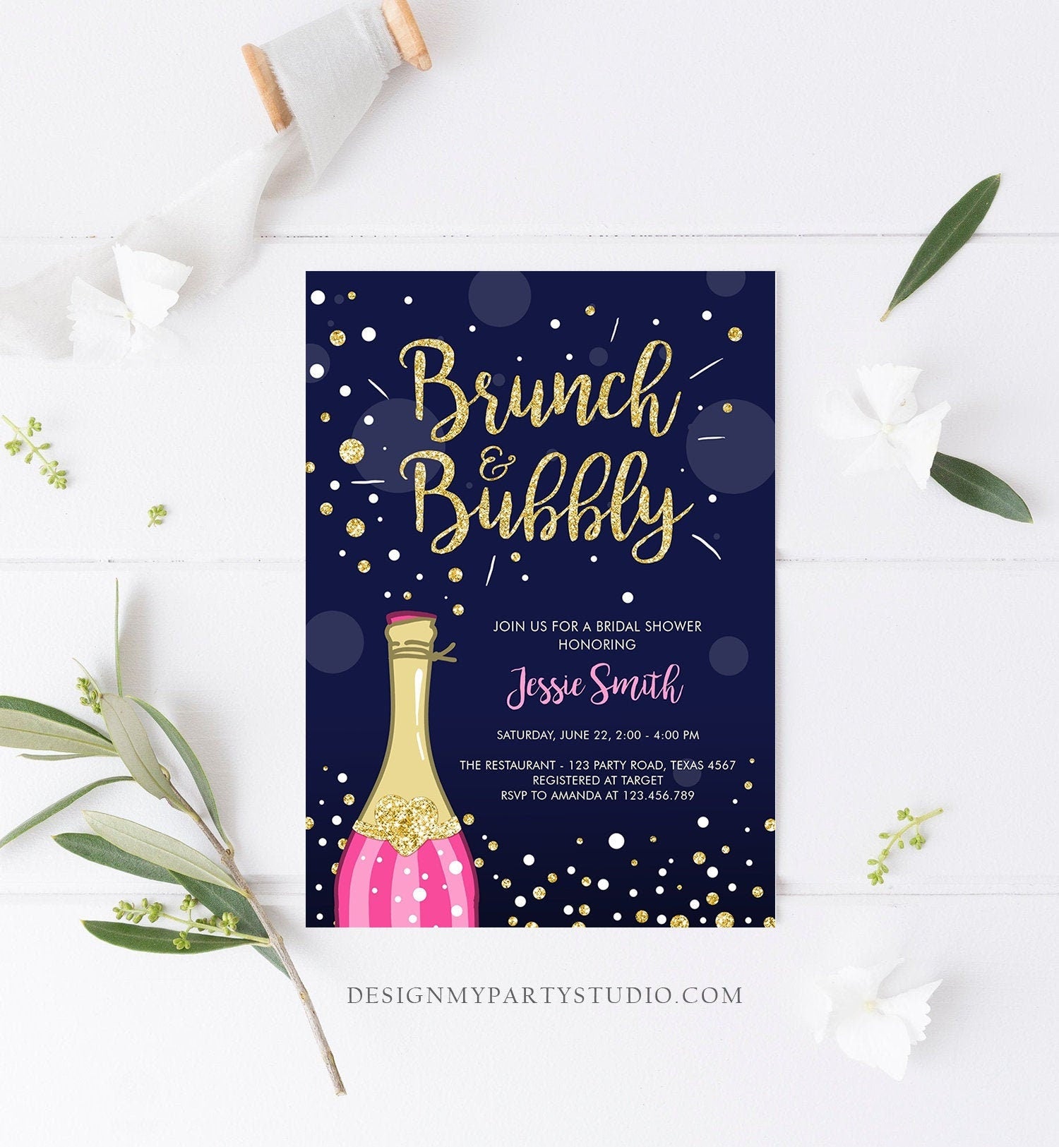 Editable Brunch and Bubbly Bridal Shower Invitation Floral Champagne Gold Pink Wedding Download Printable Template Digital Corjl 0051