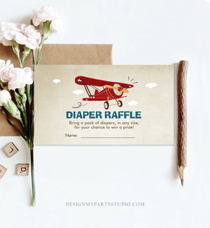 Editable Diaper Raffle Ticket Airplane Baby Shower Travel Adventure Diaper Game Red Plane Diaper Ticket Game Corjl Template Printable 0011