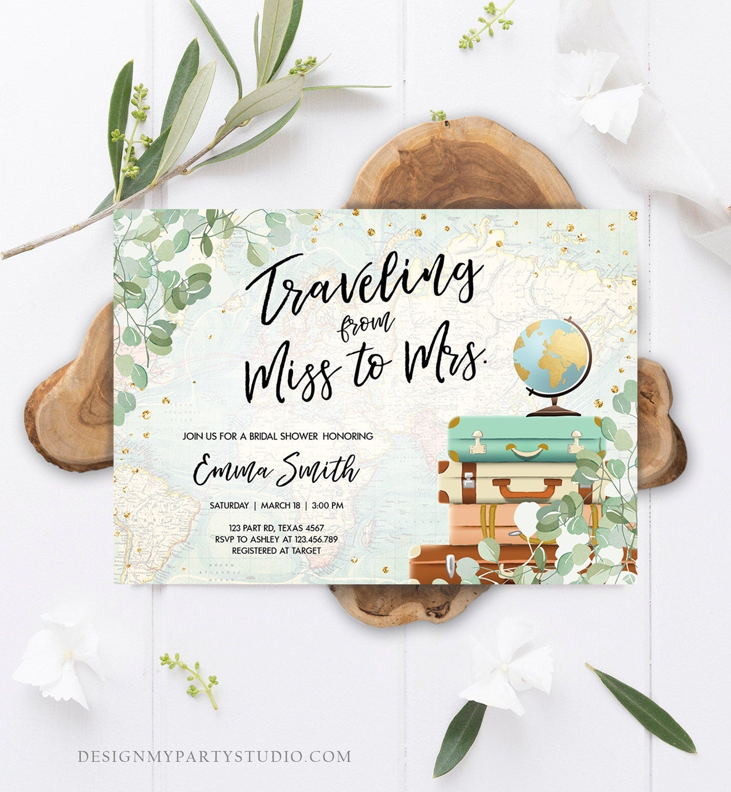 Editable Miss to Mrs Travel Bridal Shower Invitation Eucalyptus Globe Suitcase Greenery Traveling Download Printable Corjl Template 0030
