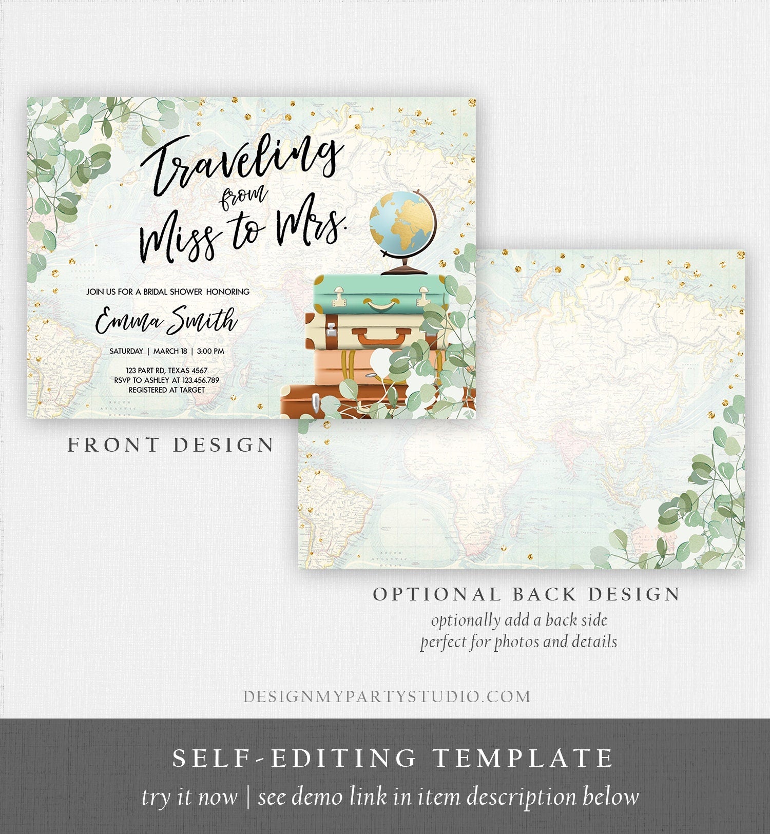 Editable Miss to Mrs Travel Bridal Shower Invitation Eucalyptus Globe Suitcase Greenery Traveling Download Printable Corjl Template 0030