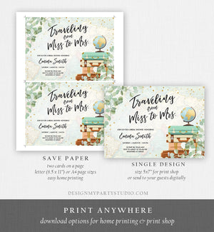 Editable Miss to Mrs Travel Bridal Shower Invitation Eucalyptus Globe Suitcase Greenery Traveling Download Printable Corjl Template 0030
