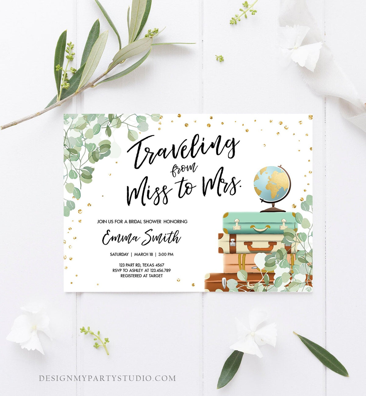 Editable Miss to Mrs Travel Bridal Shower Invitation Eucalyptus Globe Suitcase Greenery Traveling Download Printable Corjl Template 0030