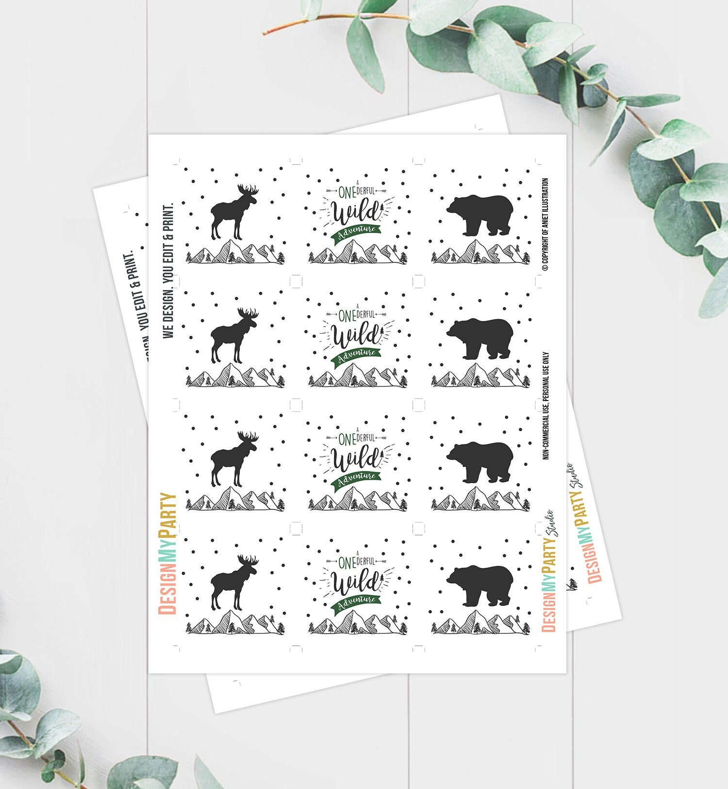 Wild Adventure Cupcake Toppers Favor Tags Birthday Party Decoration Lumberjack Outdoor Woodland Bear Hunter Green Moose Decor PRINTABLE 0083