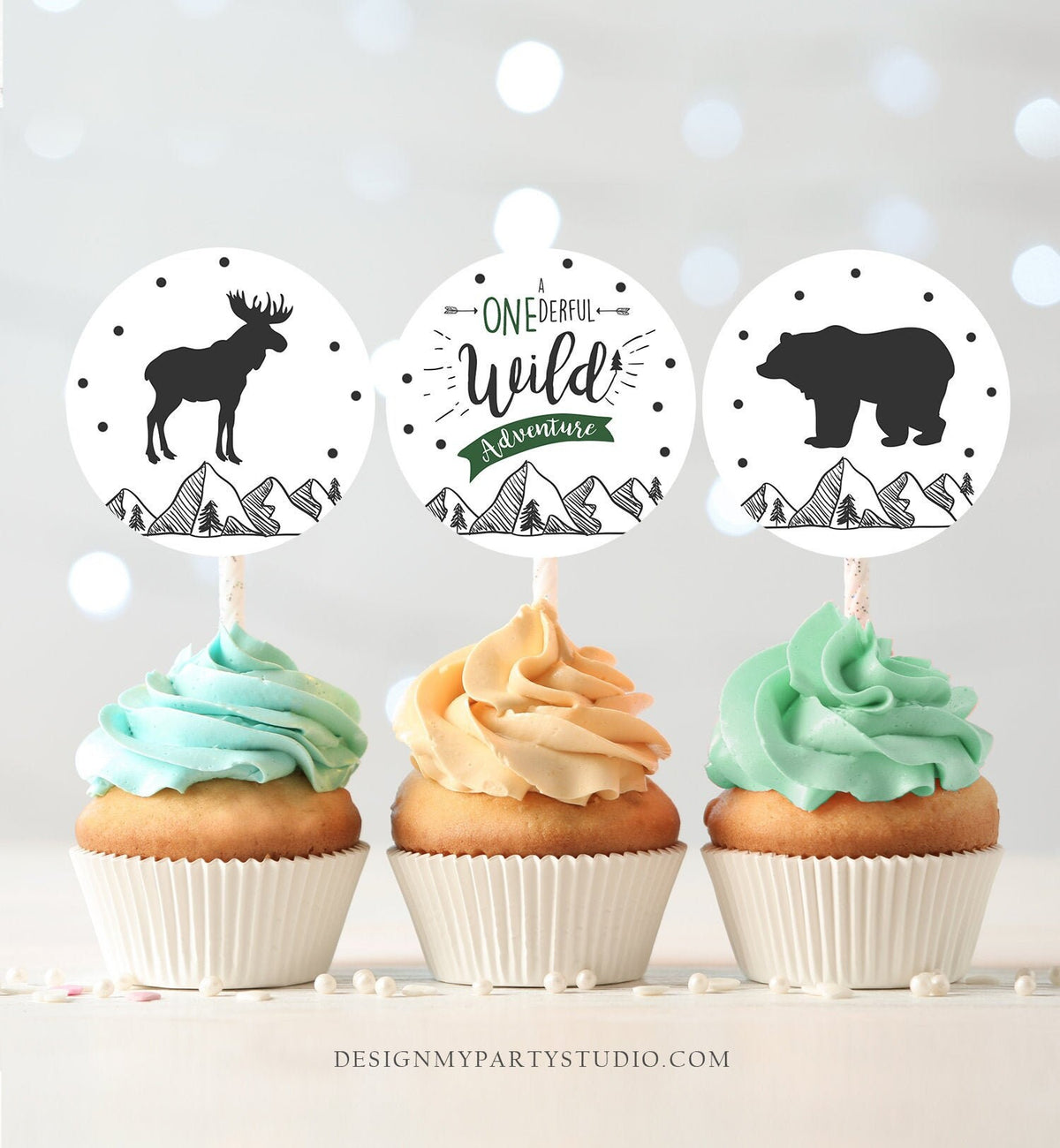 Wild Adventure Cupcake Toppers Favor Tags Birthday Party Decoration Lumberjack Outdoor Woodland Bear Hunter Green Moose Decor PRINTABLE 0083