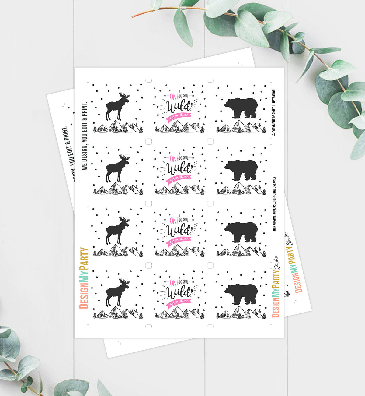 Wild Adventure Cupcake Toppers Favor Tags Birthday Party Decoration Lumberjack Outdoor Woodland Bear Pink Girl Moose Decor PRINTABLE 0083