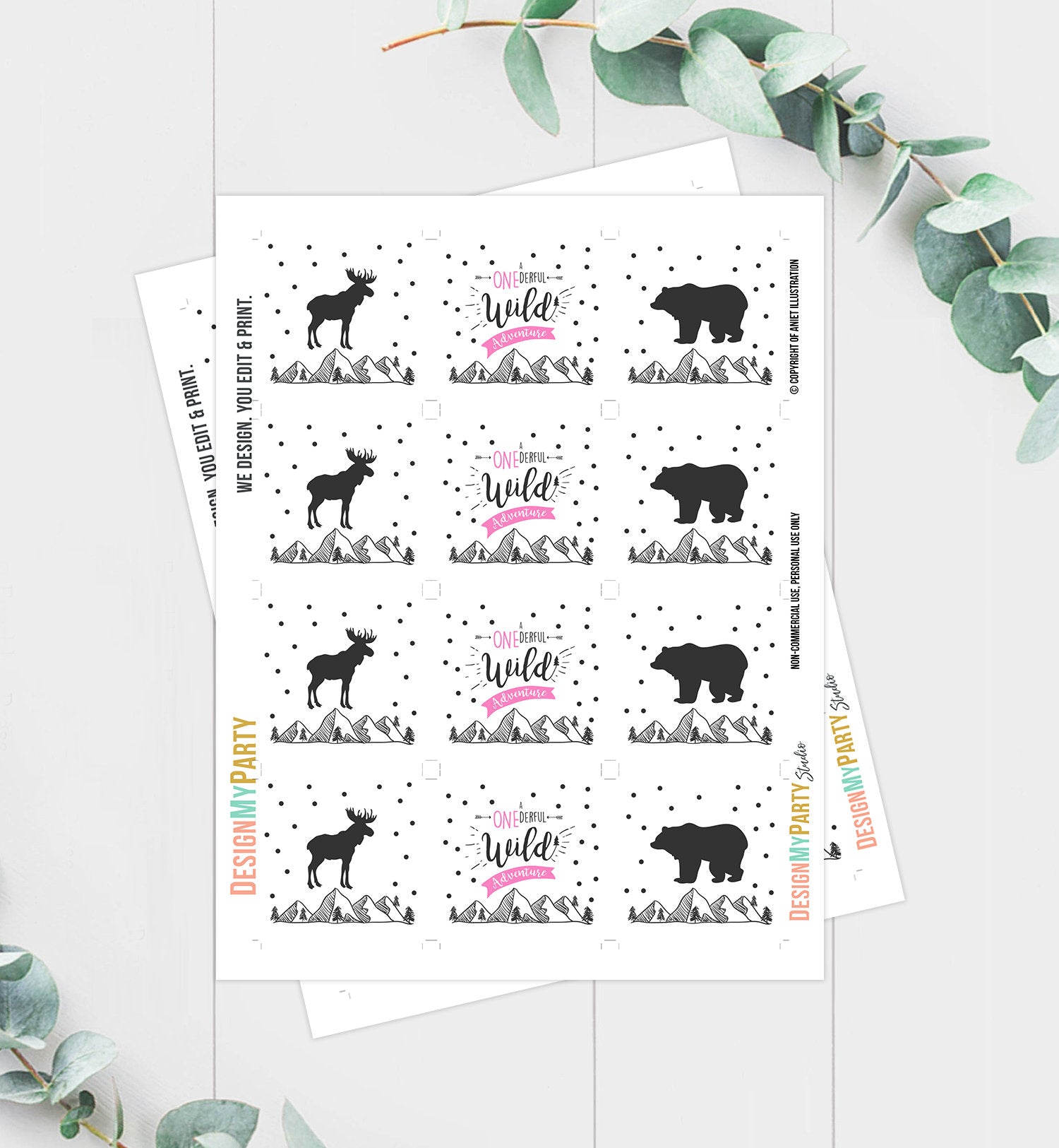 Wild Adventure Cupcake Toppers Favor Tags Birthday Party Decoration Lumberjack Outdoor Woodland Bear Pink Girl Moose Decor PRINTABLE 0083