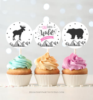 Wild Adventure Cupcake Toppers Favor Tags Birthday Party Decoration Lumberjack Outdoor Woodland Bear Pink Girl Moose Decor PRINTABLE 0083