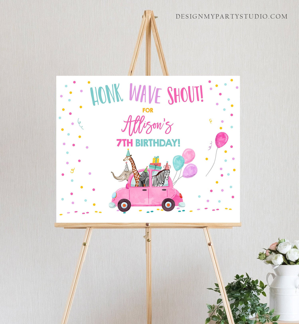 Editable Drive By Birthday Sign Welcome Girl Party Animals Safari Quarantine Party Honk Wave Birthday Parade Sign Pink Corjl Template 0333