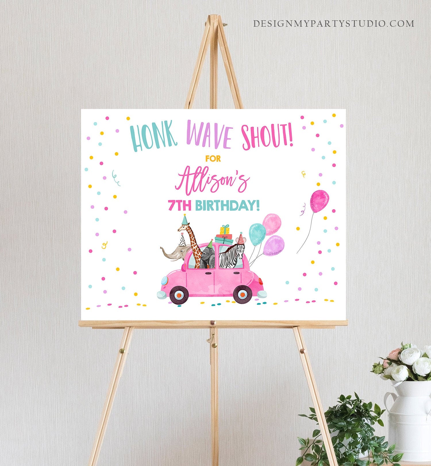 Editable Drive By Birthday Sign Welcome Girl Party Animals Safari Quarantine Party Honk Wave Birthday Parade Sign Pink Corjl Template 0333