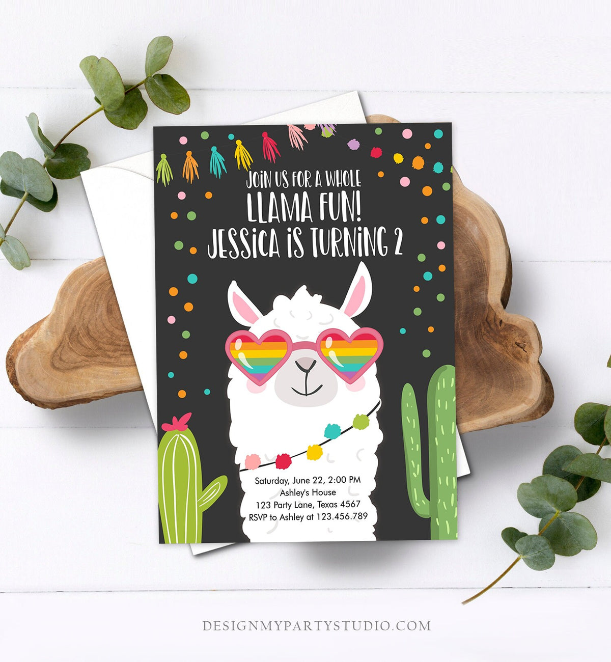 Editable Whole Llama Fun Birthday Invitation Fiesta Llama Cactus Mexican Party Chalk Sunglasses Girl Alpaca Corjl Template Printable 0079