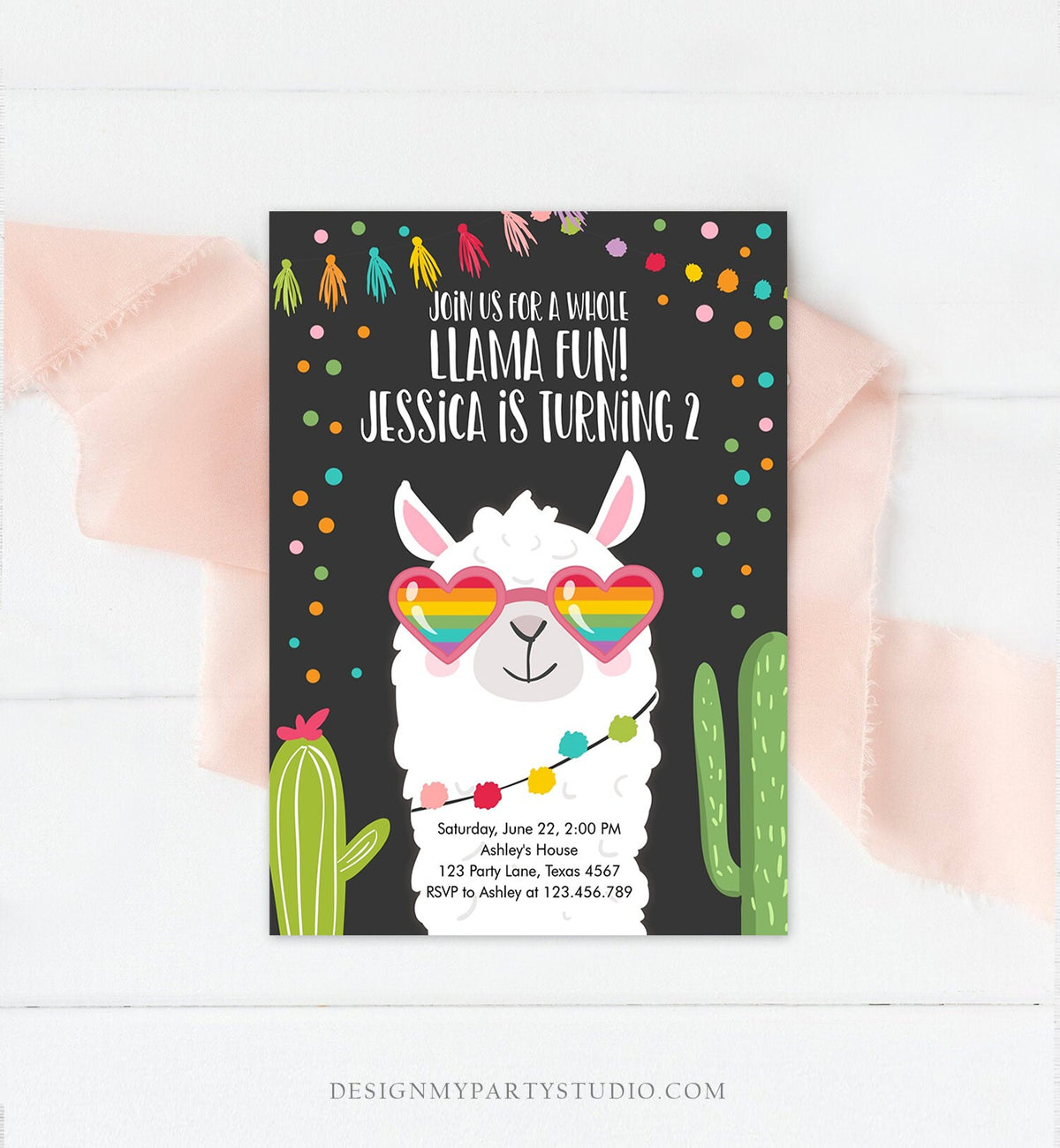 Editable Whole Llama Fun Birthday Invitation Fiesta Llama Cactus Mexican Party Chalk Sunglasses Girl Alpaca Corjl Template Printable 0079