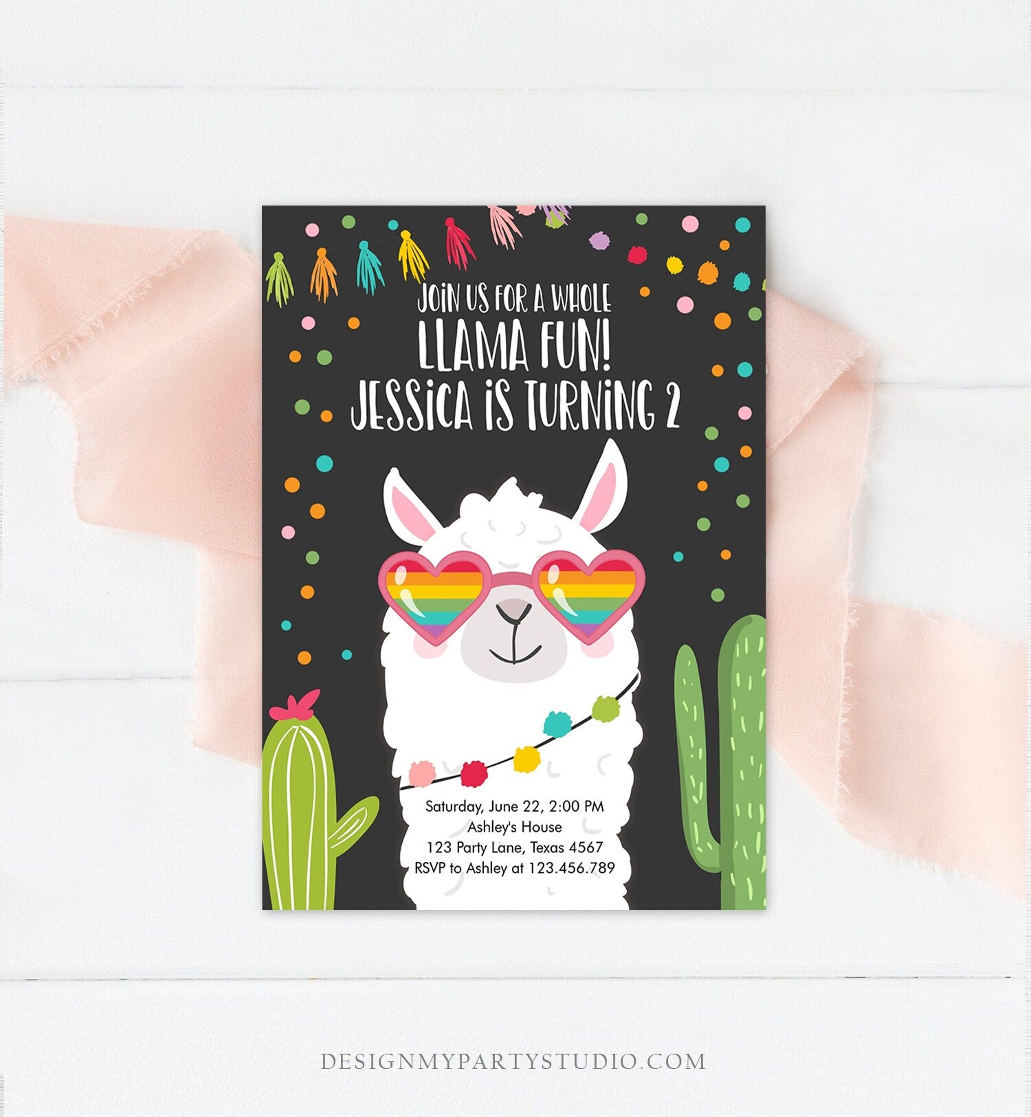 Editable Whole Llama Fun Birthday Invitation Fiesta Llama Cactus Mexican Party Chalk Sunglasses Girl Alpaca Corjl Template Printable 0079