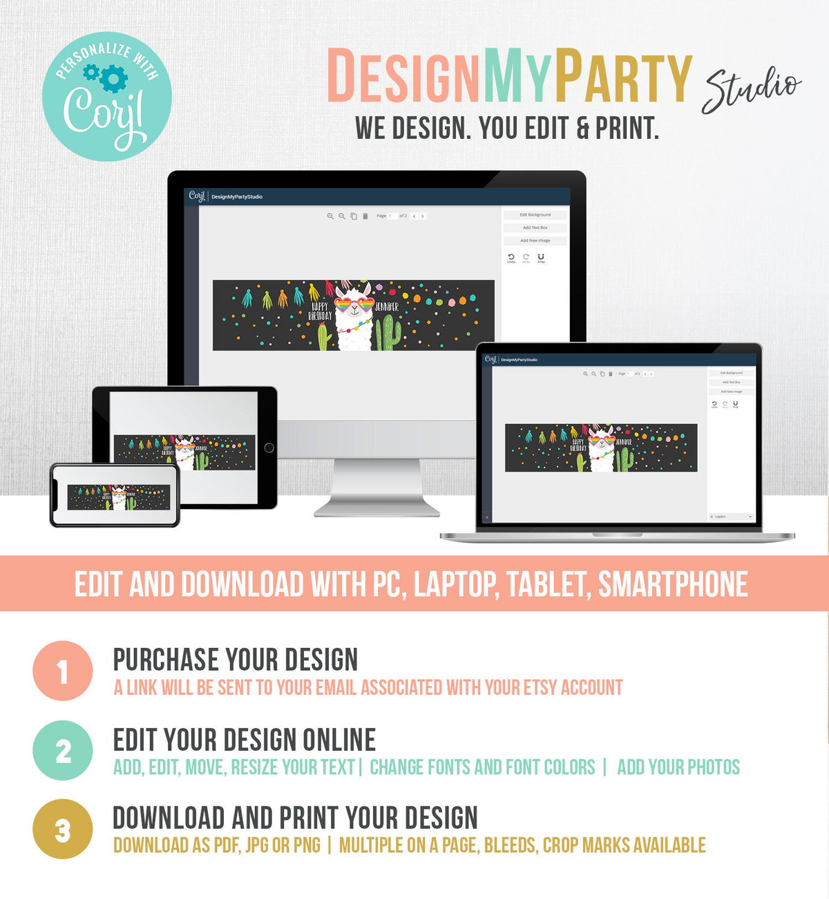 Editable Water Bottle Labels Llama Birthday Cactus Chalk Succulent Fiesta Mexican Sunglasses Hearts Bottle Labels Template Corjl 0079