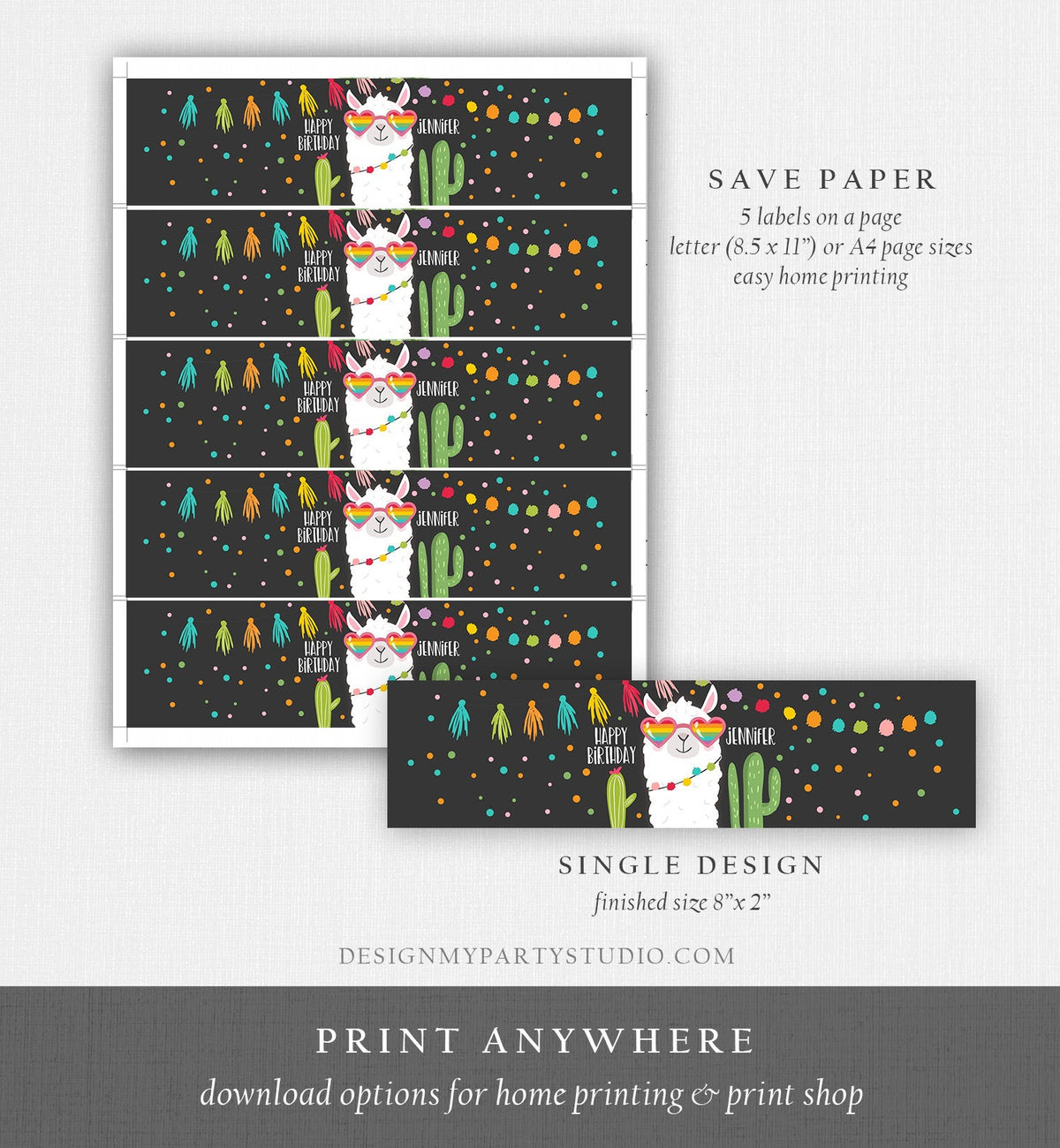 Editable Water Bottle Labels Llama Birthday Cactus Chalk Succulent Fiesta Mexican Sunglasses Hearts Bottle Labels Template Corjl 0079