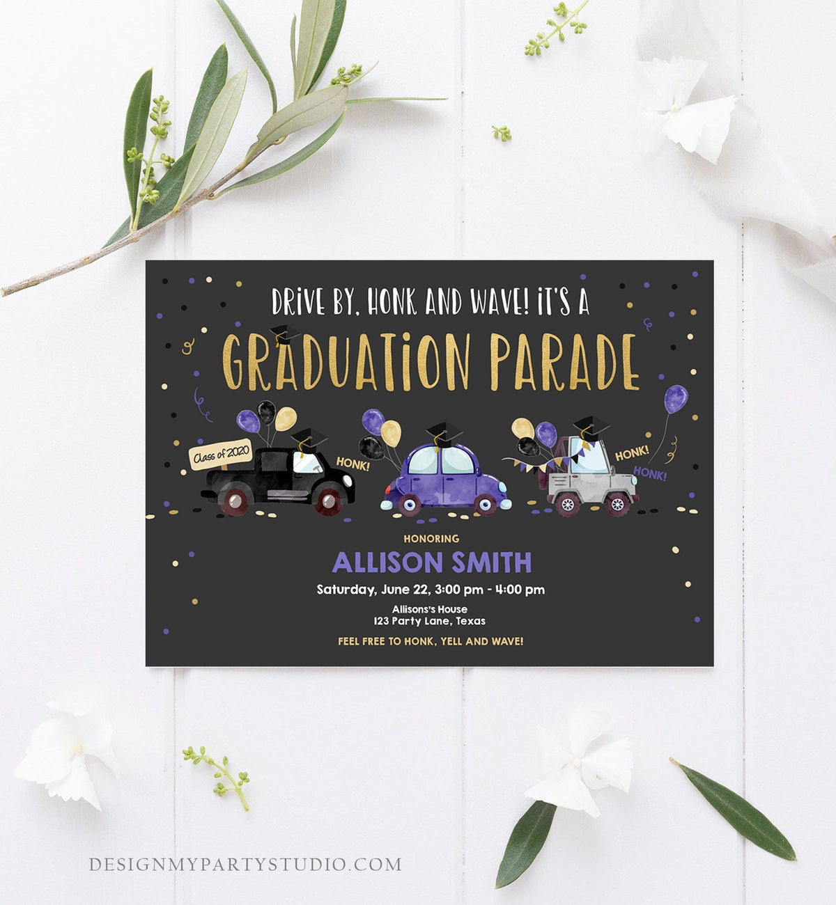 Editable Drive By Graduation Parade Invitation Virtual Party Blue Girl Graduate High School Grad Class 2021 Quarantine Digital Corjl 0337