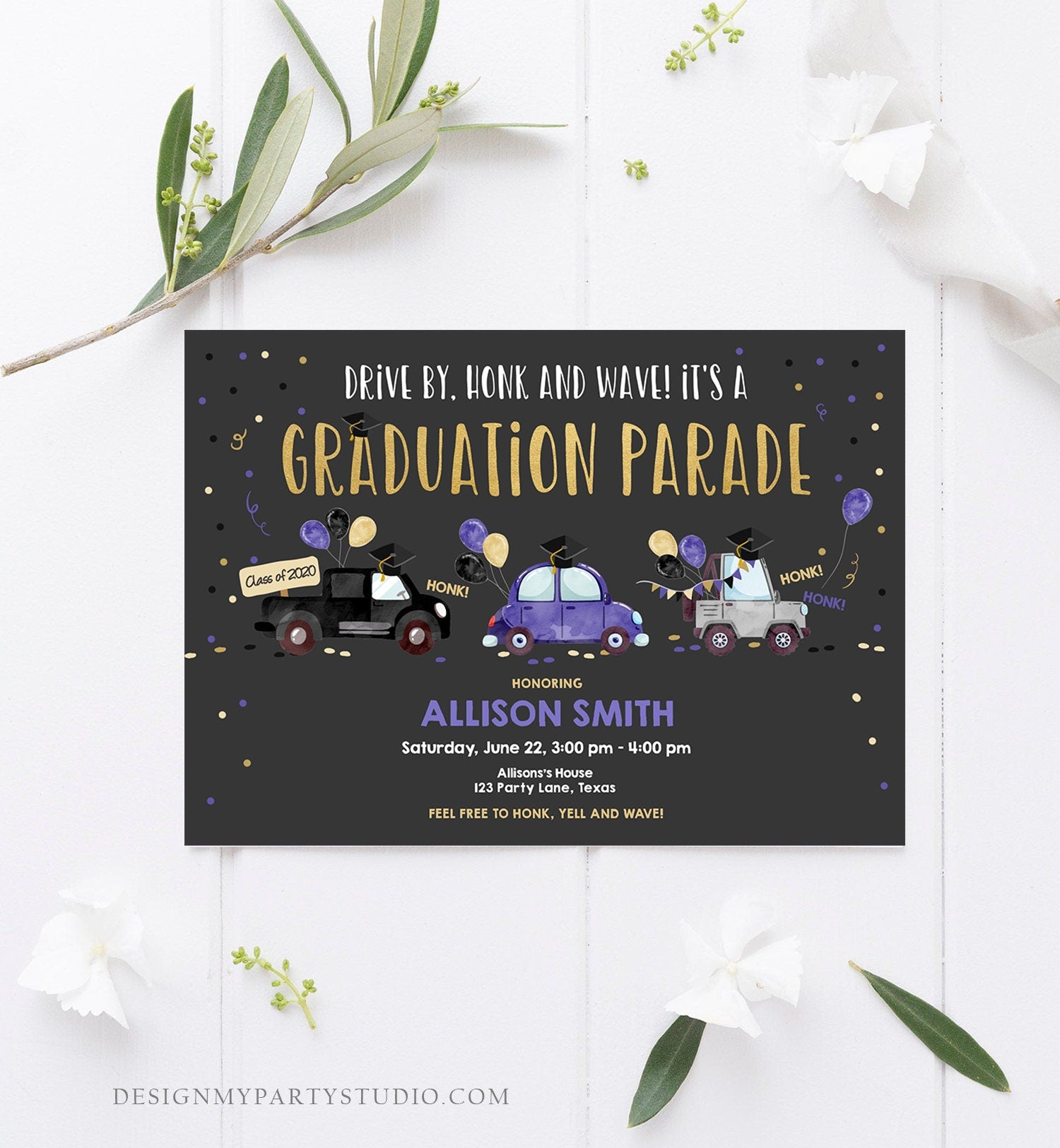 Editable Drive By Graduation Parade Invitation Virtual Party Blue Girl Graduate High School Grad Class 2021 Quarantine Digital Corjl 0337