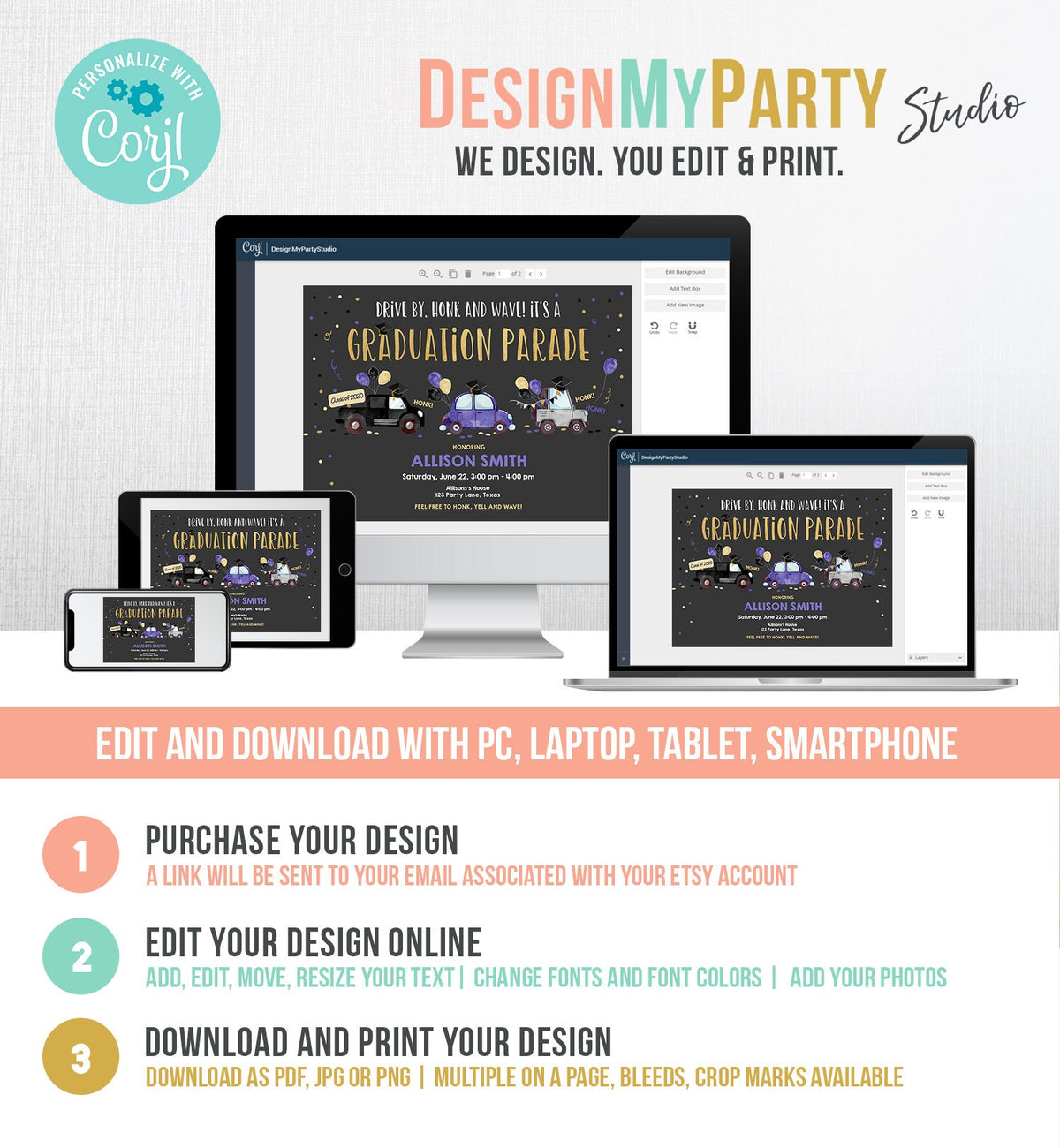 Editable Drive By Graduation Parade Invitation Virtual Party Blue Girl Graduate High School Grad Class 2021 Quarantine Digital Corjl 0337