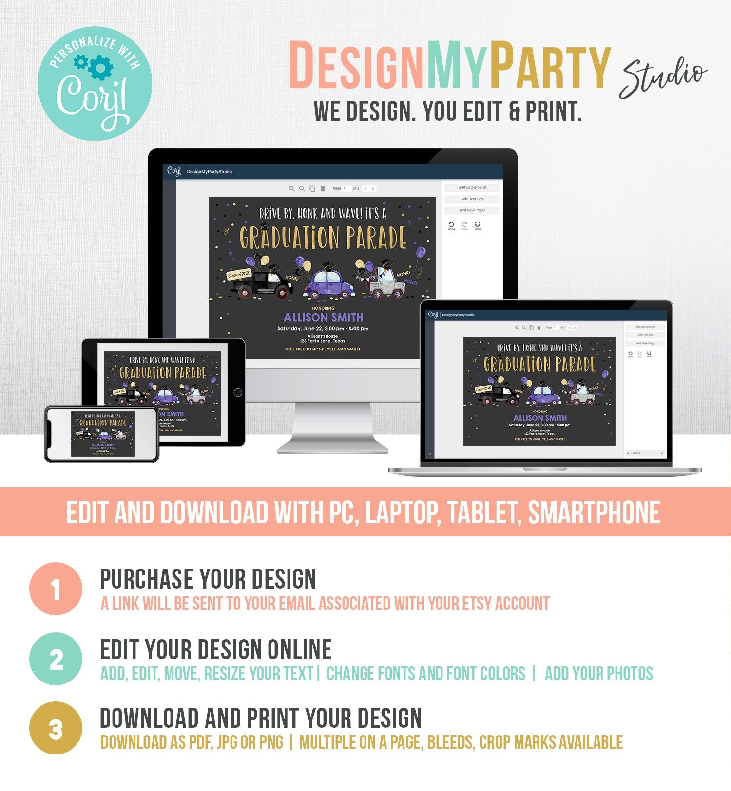 Editable Drive By Graduation Parade Invitation Virtual Party Blue Girl Graduate High School Grad Class 2021 Quarantine Digital Corjl 0337