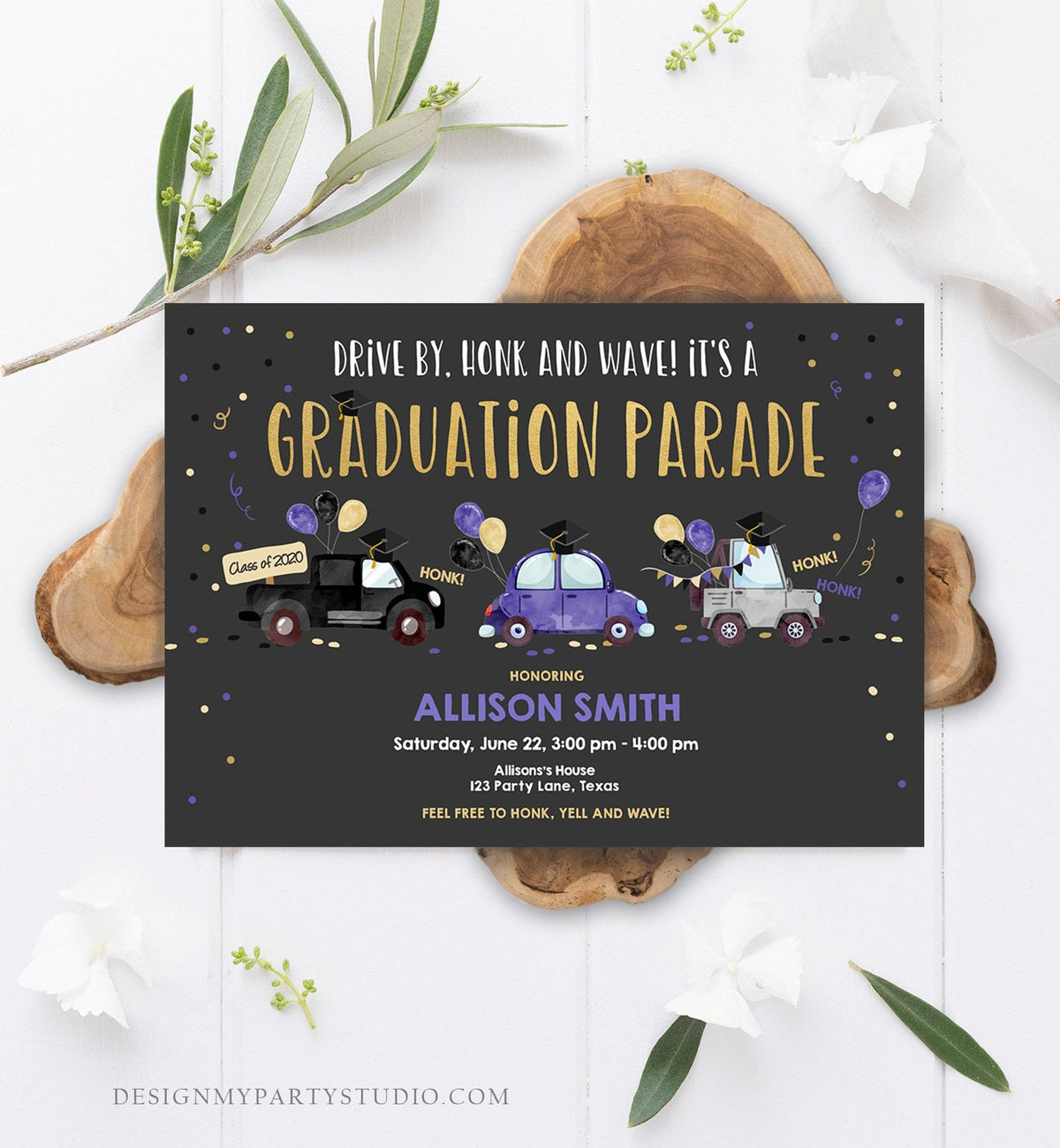 Editable Drive By Graduation Parade Invitation Virtual Party Blue Girl Graduate High School Grad Class 2021 Quarantine Digital Corjl 0337