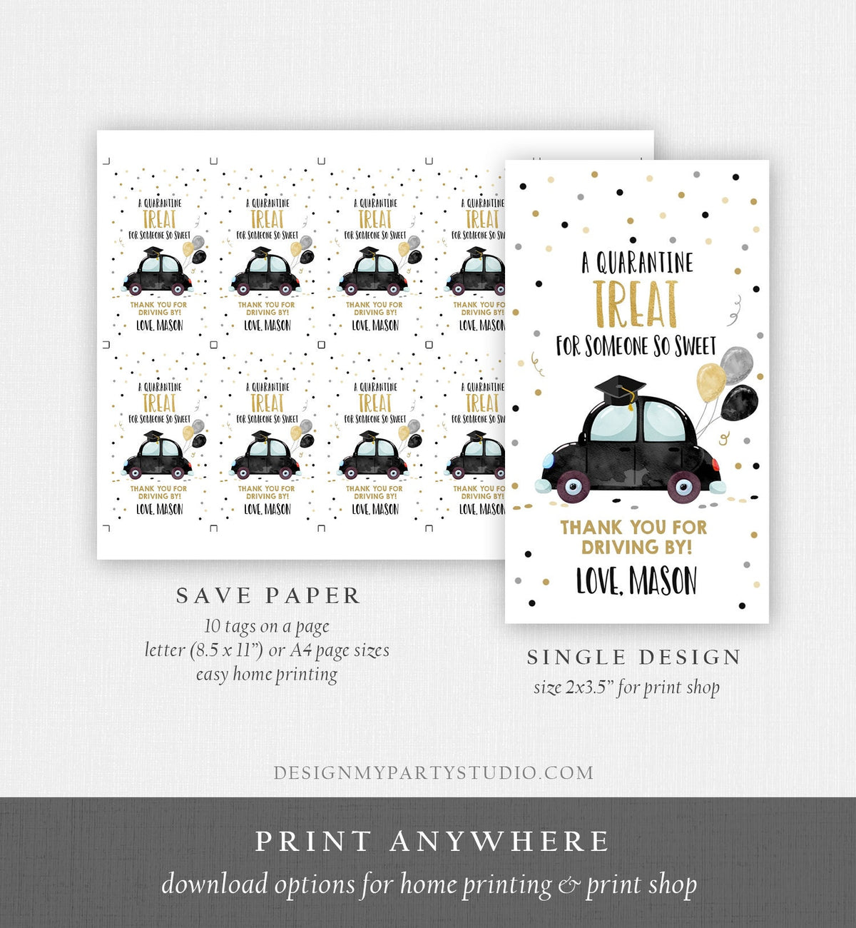 Editable Drive By Favor Tag Drive Through Graduation Parade Thank You Gift Tags Quarantine Black Car High School Grad Graduate Corjl 0337