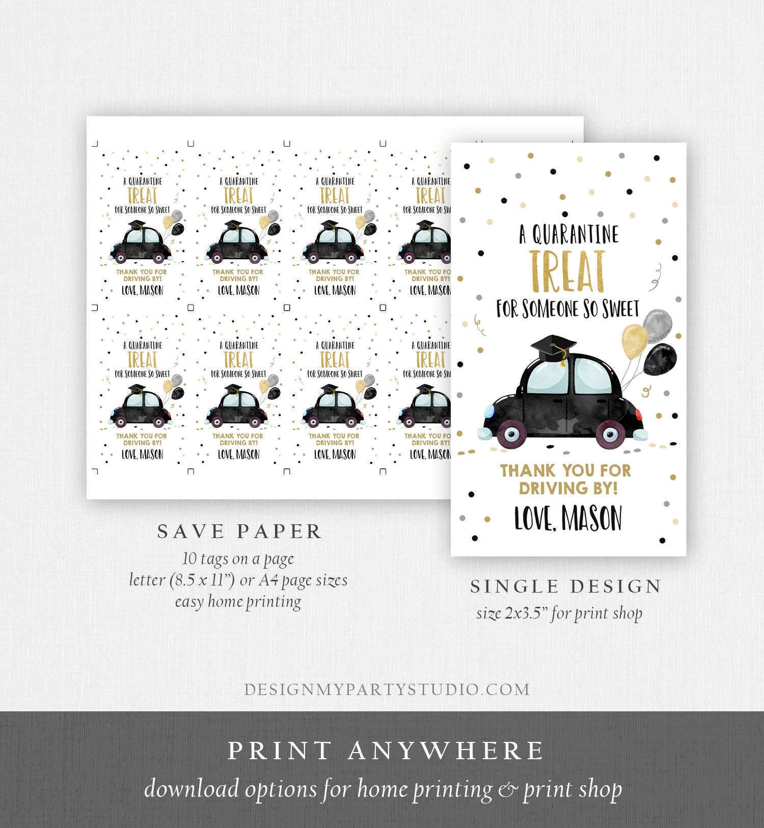 Editable Drive By Favor Tag Drive Through Graduation Parade Thank You Gift Tags Quarantine Black Car High School Grad Graduate Corjl 0337