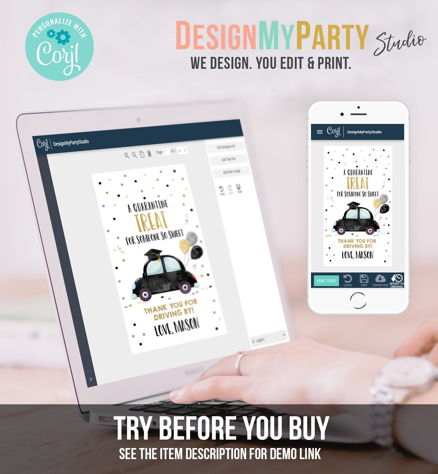 Editable Drive By Favor Tag Drive Through Graduation Parade Thank You Gift Tags Quarantine Black Car High School Grad Graduate Corjl 0337