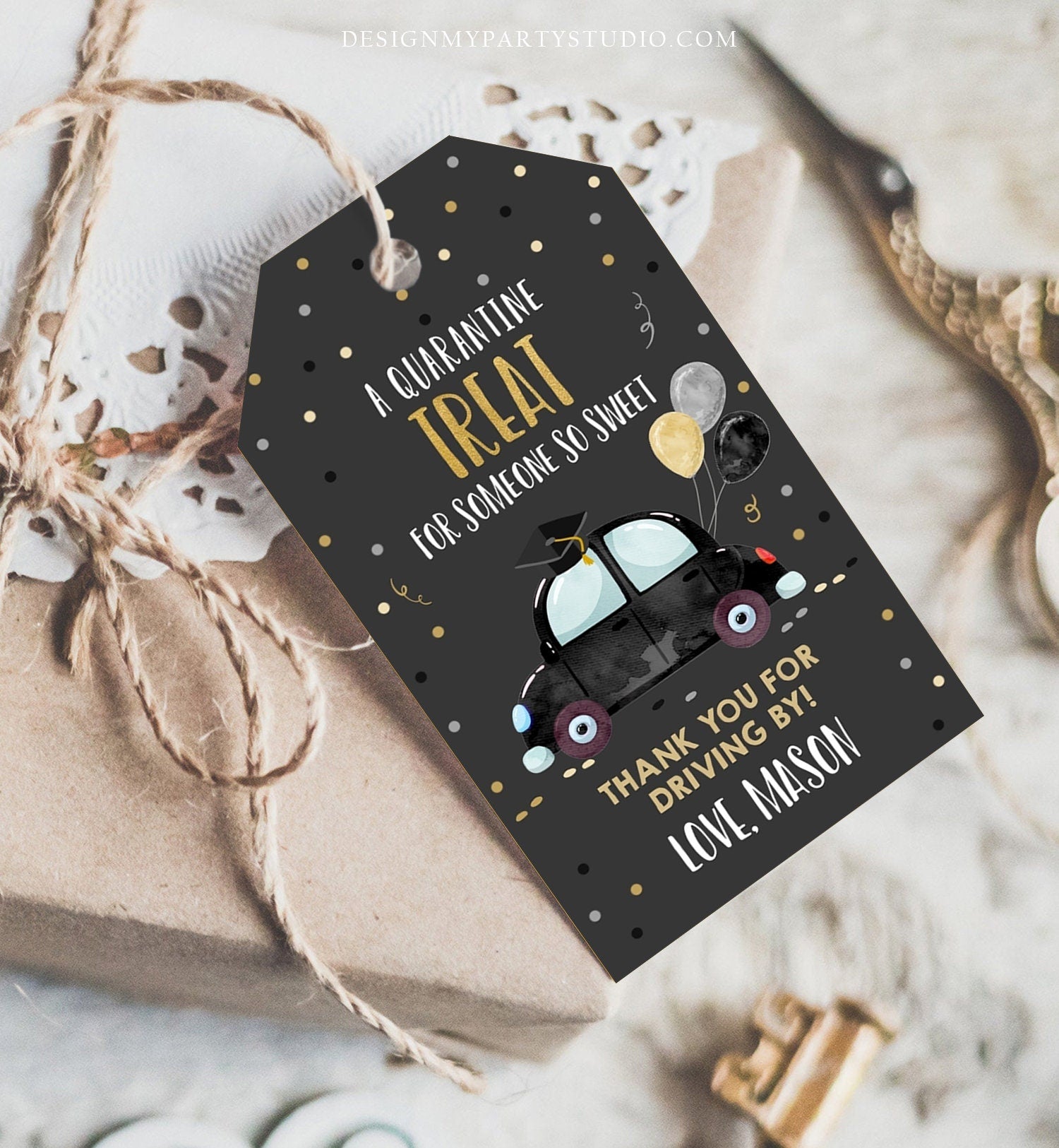 Editable Drive By Favor Tag Drive Through Graduation Parade Thank You Gift Tags Quarantine Black Car High School Grad Graduate Corjl 0337