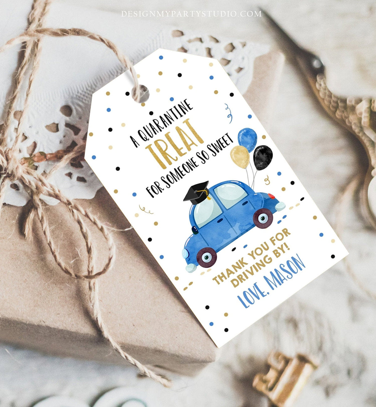 Editable Drive By Favor Tag Drive Through Graduation Parade Thank You Gift Tags Quarantine Blue Car High School Grad Graduate Corjl 0337