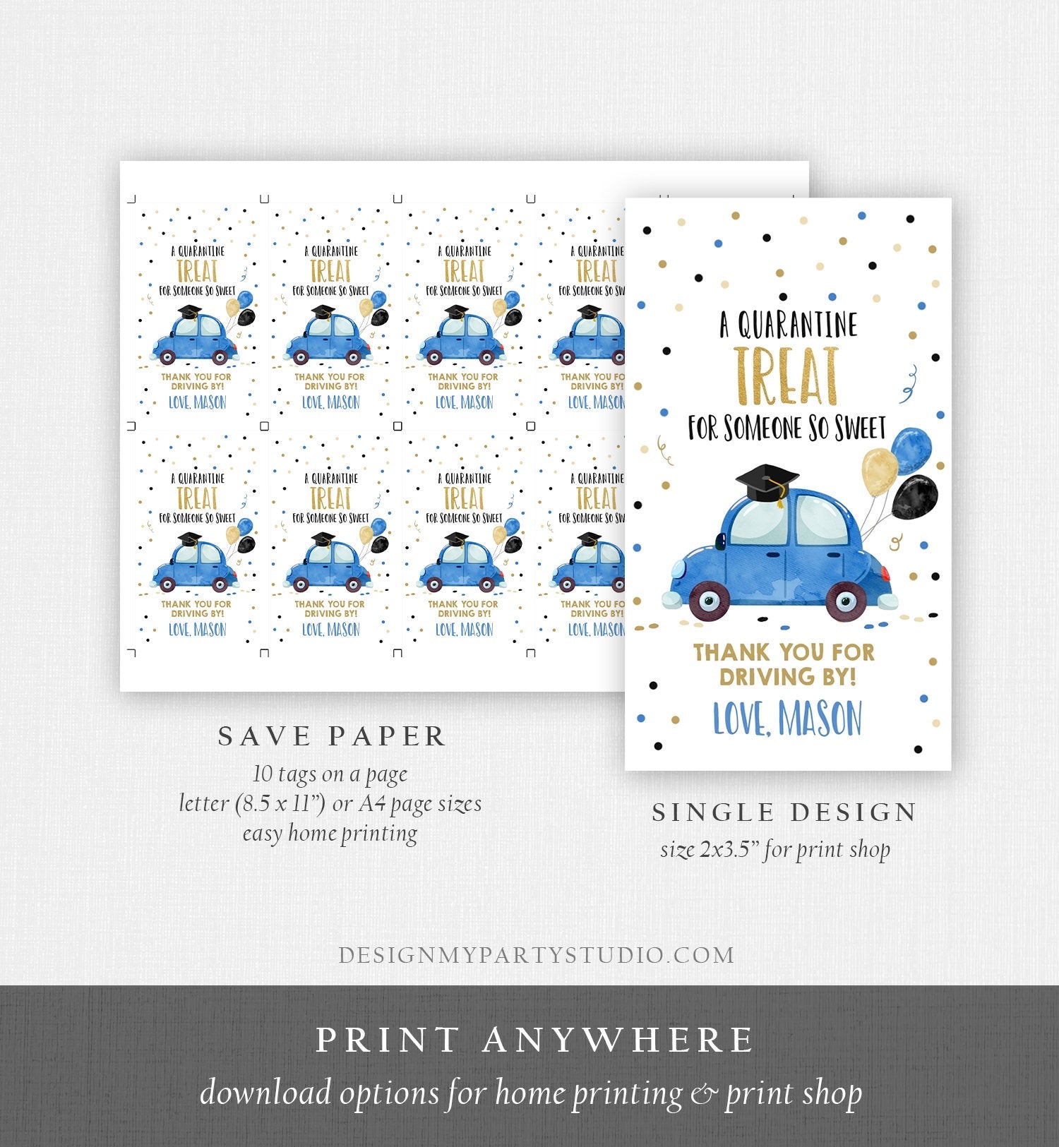 Editable Drive By Favor Tag Drive Through Graduation Parade Thank You Gift Tags Quarantine Blue Car High School Grad Graduate Corjl 0337
