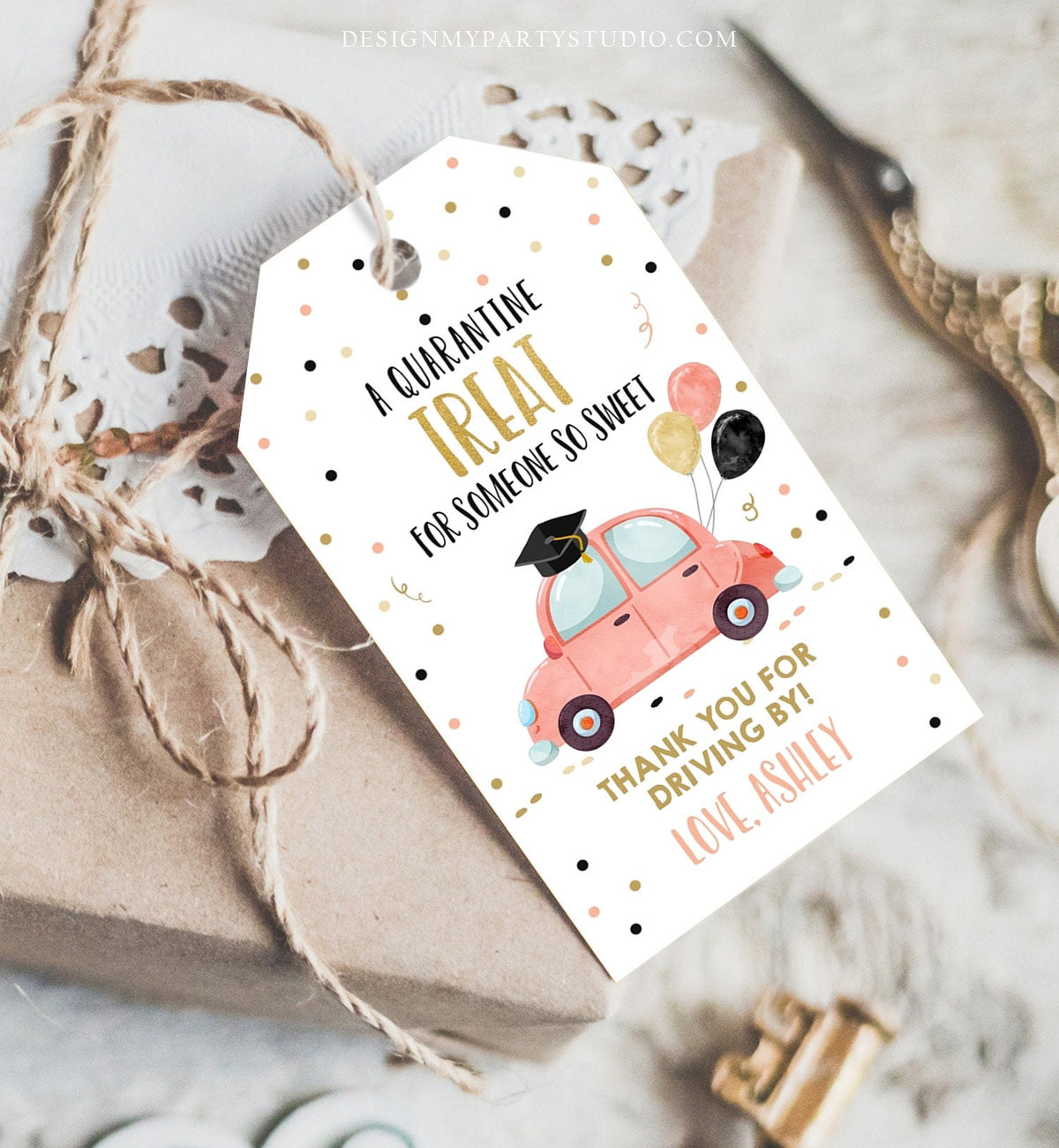 Editable Drive By Favor Tag Drive Through Graduation Parade Thank You Gift Tags Quarantine Coral Car High School Grad Graduate Corjl 0337
