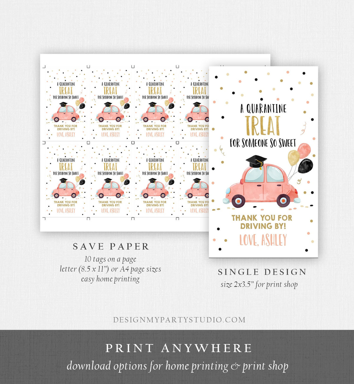 Editable Drive By Favor Tag Drive Through Graduation Parade Thank You Gift Tags Quarantine Coral Car High School Grad Graduate Corjl 0337