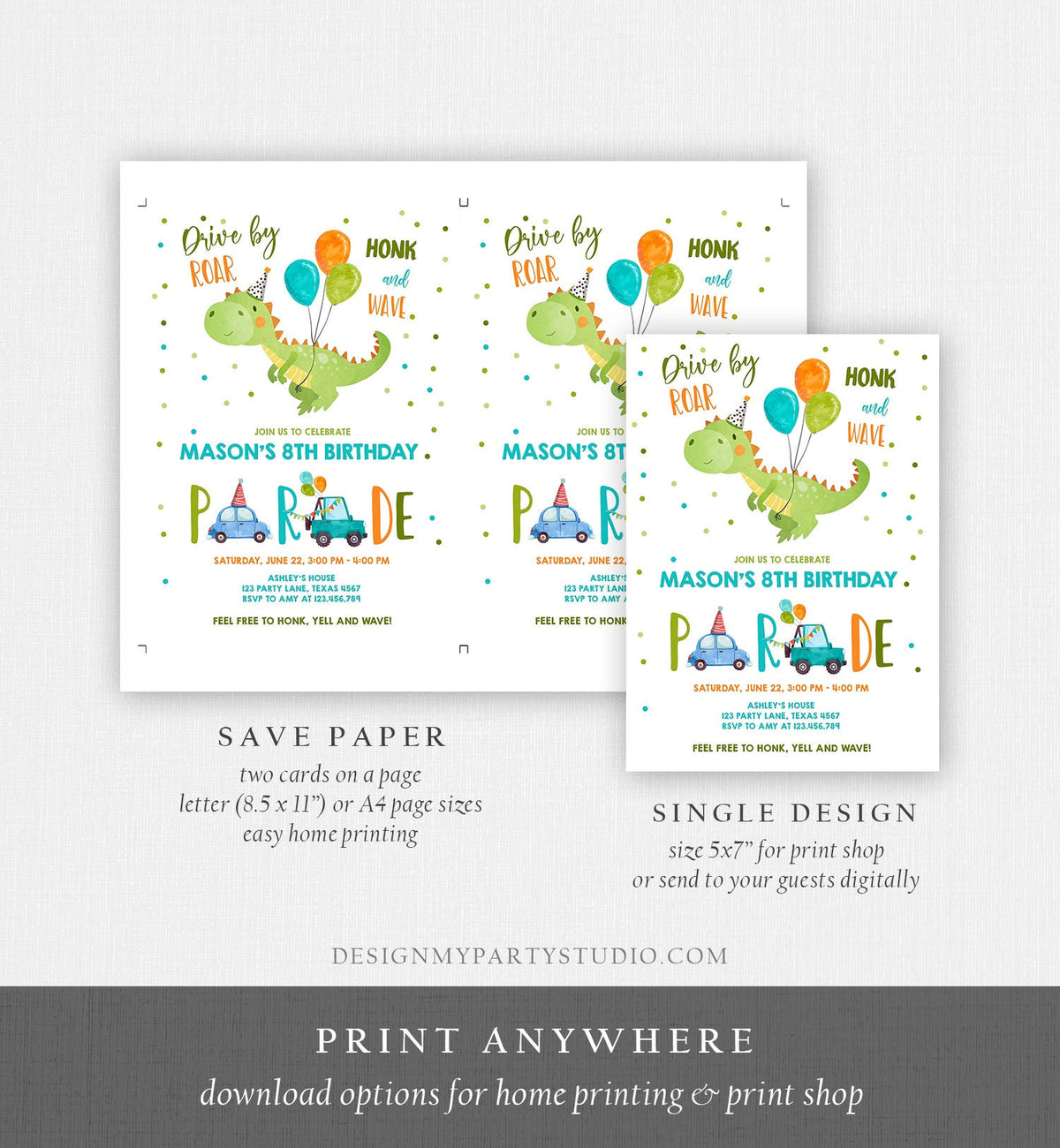 Editable Dinosaur Drive By Birthday Parade Invitation Virtual Party Invite Honk Wave Car Boy Dino Quarantine Download Digital Corjl 0340