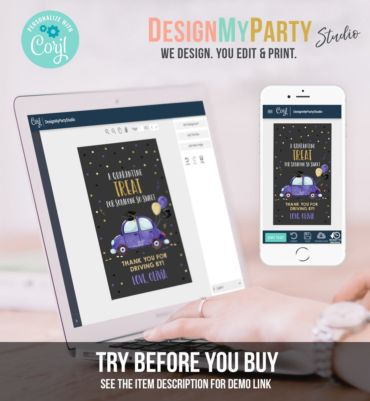 Editable Drive By Favor Tag Drive Through Graduation Parade Thank You Gift Tags Quarantine Navy Blue Purple Car School Graduate Corjl 0337