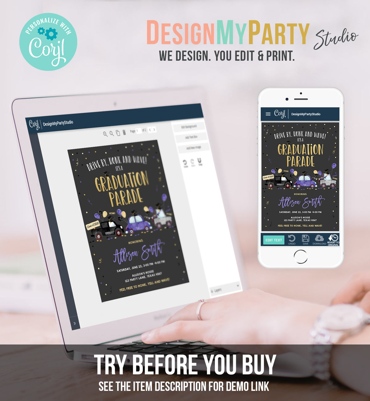 Editable Drive By Graduation Parade Invitation Virtual Party Blue Girl Graduate High School Grad Class 2020 Quarantine Digital Corjl 0337