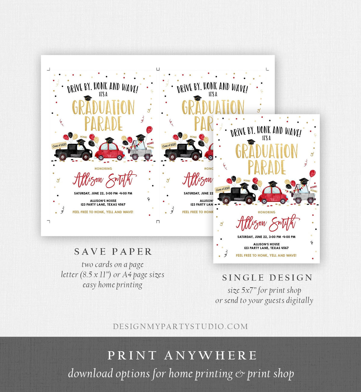 Editable Drive By Graduation Parade Invitation Virtual Party Red Girl Graduate High School Grad Class 2021 Quarantine Digital Corjl 0337