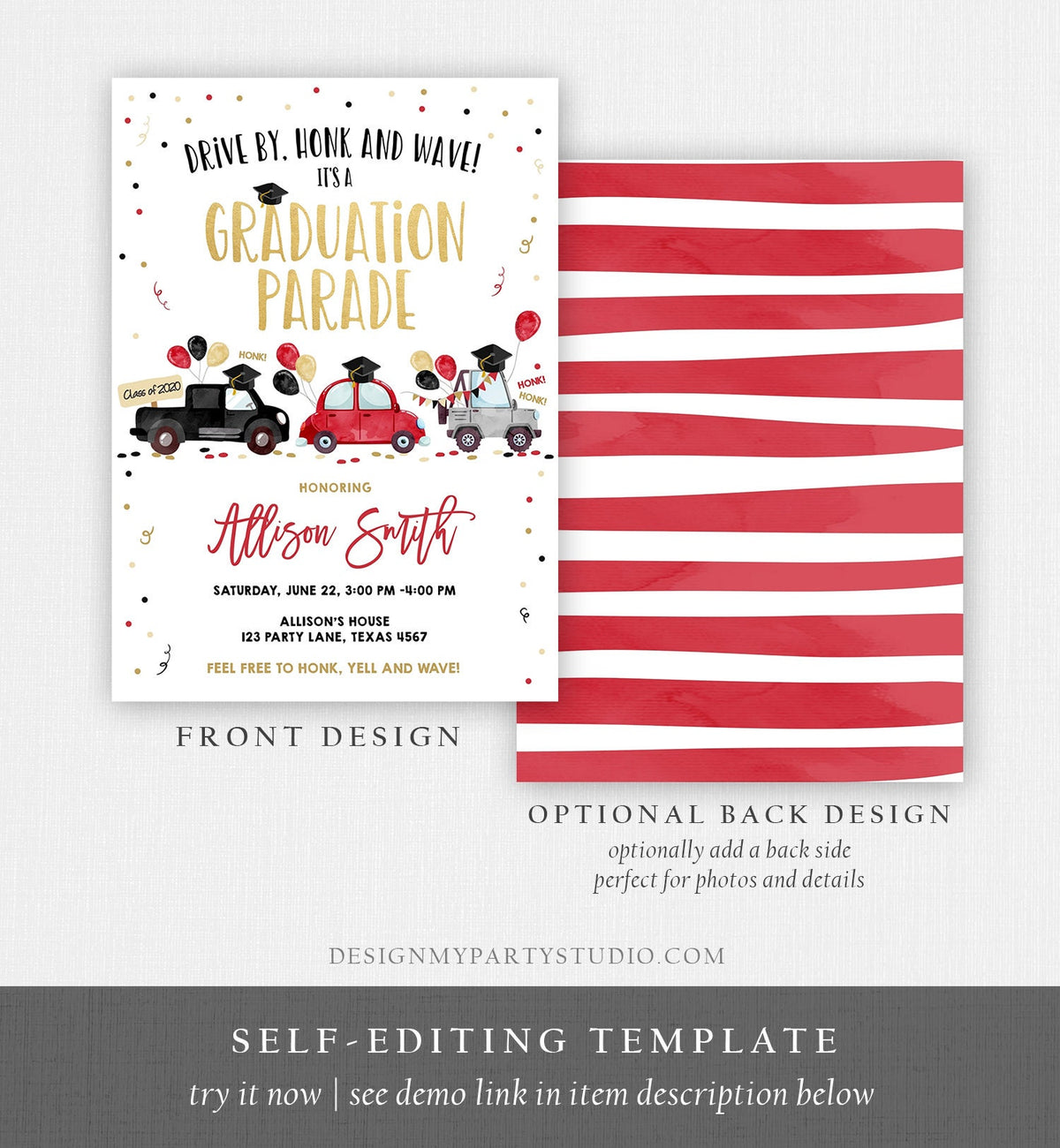 Editable Drive By Graduation Parade Invitation Virtual Party Red Girl Graduate High School Grad Class 2021 Quarantine Digital Corjl 0337