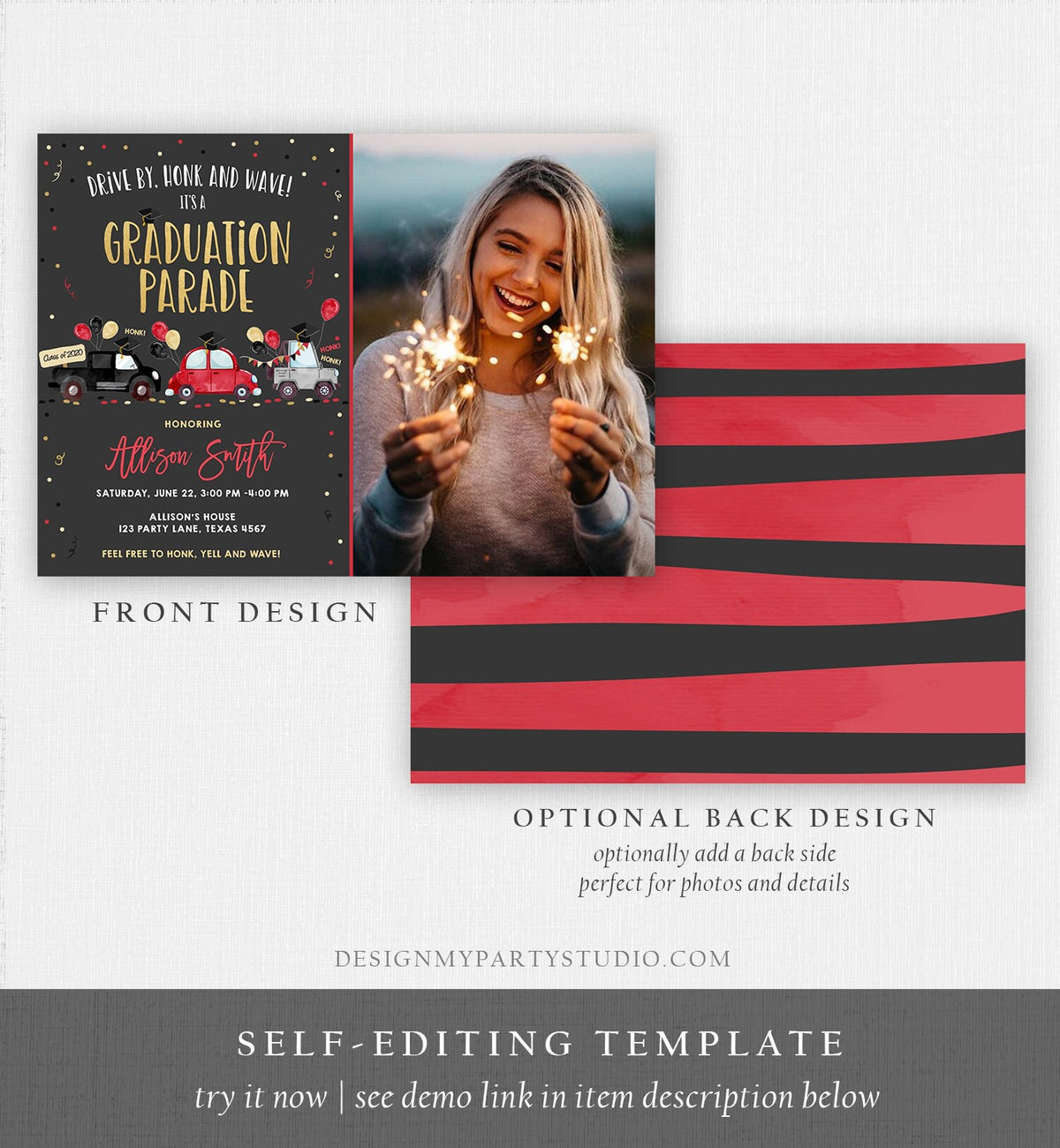 Editable Drive By Graduation Parade Invitation Virtual Party Red Girl Graduate High School Grad Class 2021 Quarantine Digital Corjl 0337