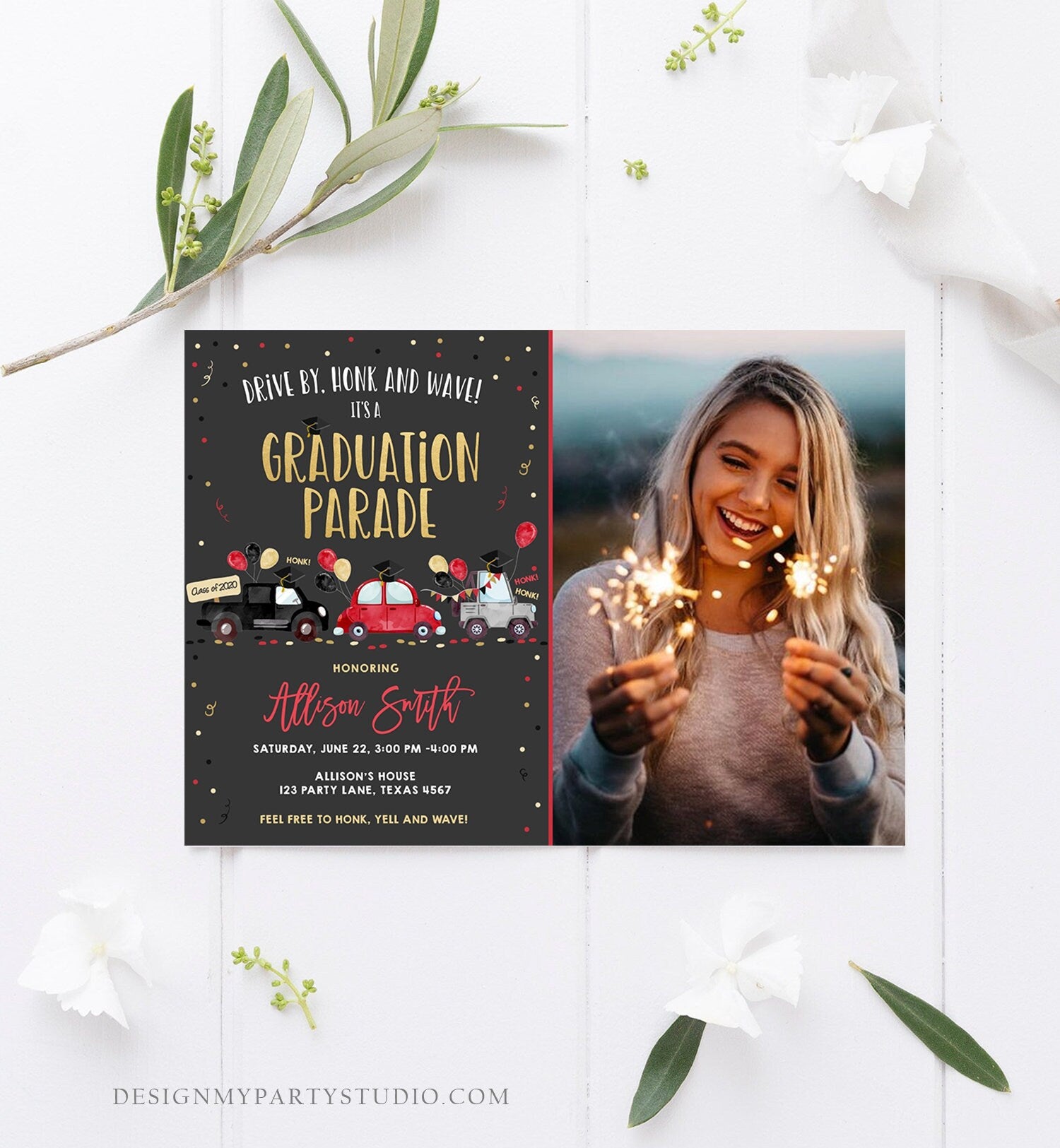 Editable Drive By Graduation Parade Invitation Virtual Party Red Girl Graduate High School Grad Class 2021 Quarantine Digital Corjl 0337