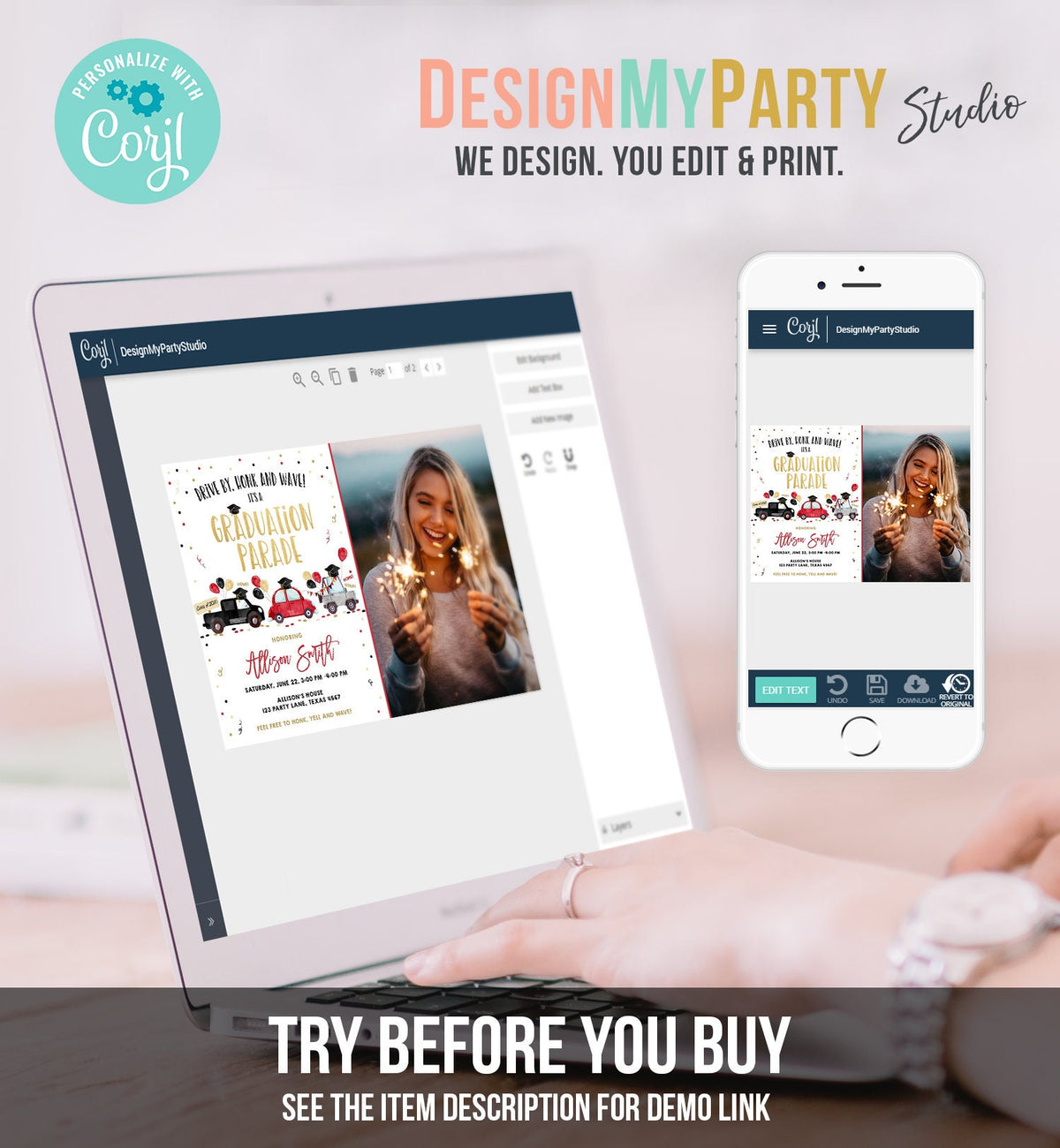 Editable Drive By Graduation Parade Invitation Virtual Party Red Girl Graduate High School Grad Class 2021 Quarantine Digital Corjl 0337