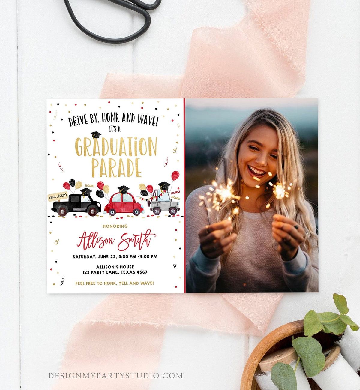 Editable Drive By Graduation Parade Invitation Virtual Party Red Girl Graduate High School Grad Class 2021 Quarantine Digital Corjl 0337