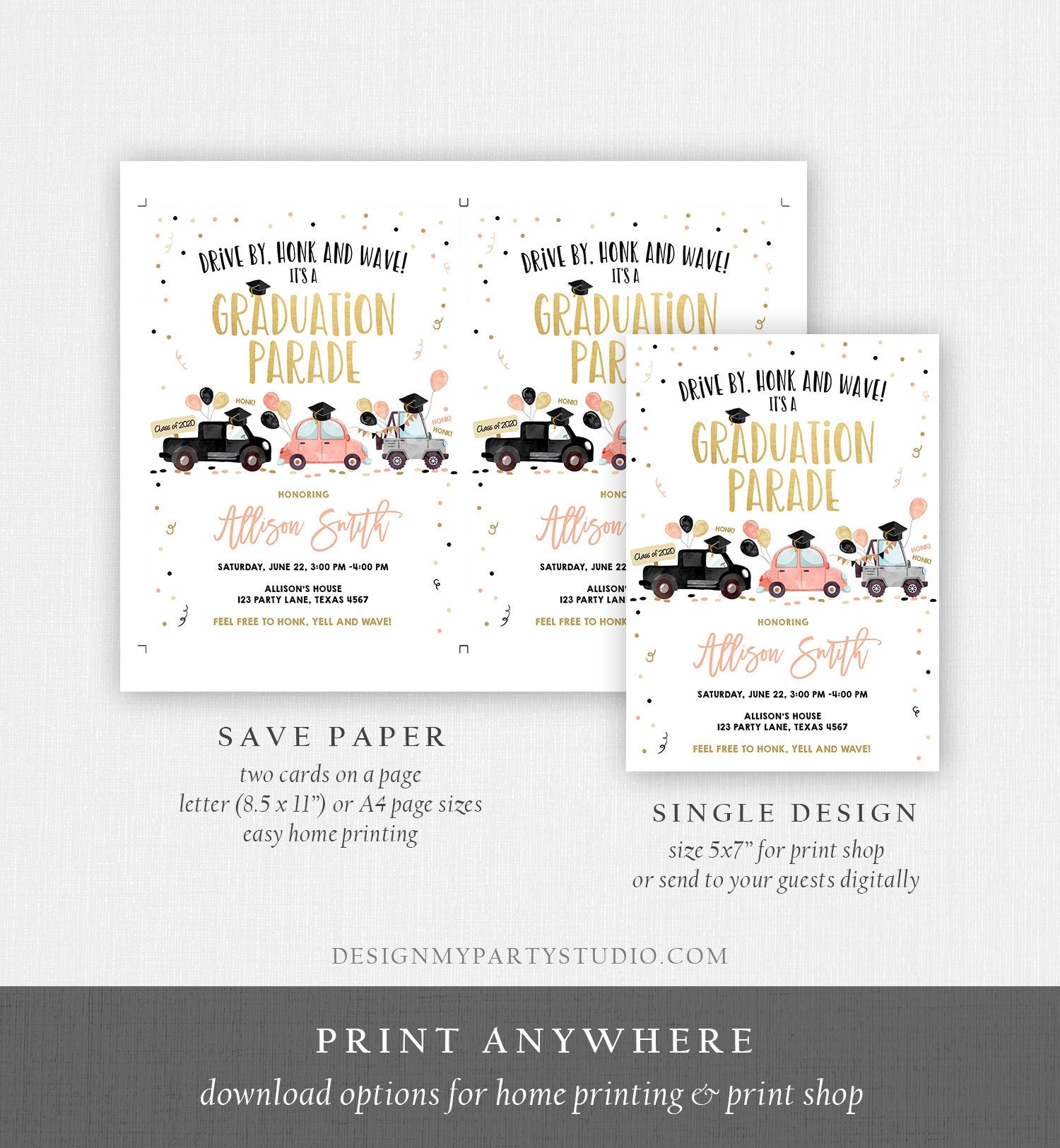 Editable Drive By Graduation Parade Invitation Drive Through Coral Girl Graduate High School Grad Class 2021 Quarantine Digital Corjl 0337