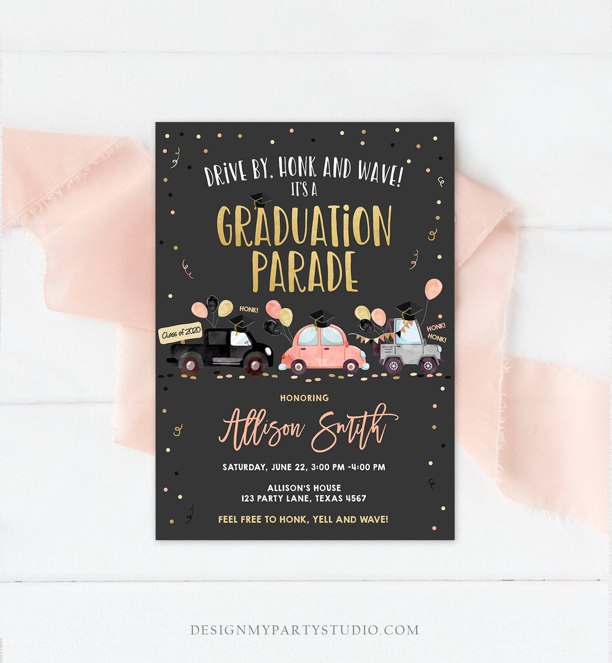 Editable Drive By Graduation Parade Invitation Drive Through Coral Girl Graduate High School Grad Class 2021 Quarantine Digital Corjl 0337