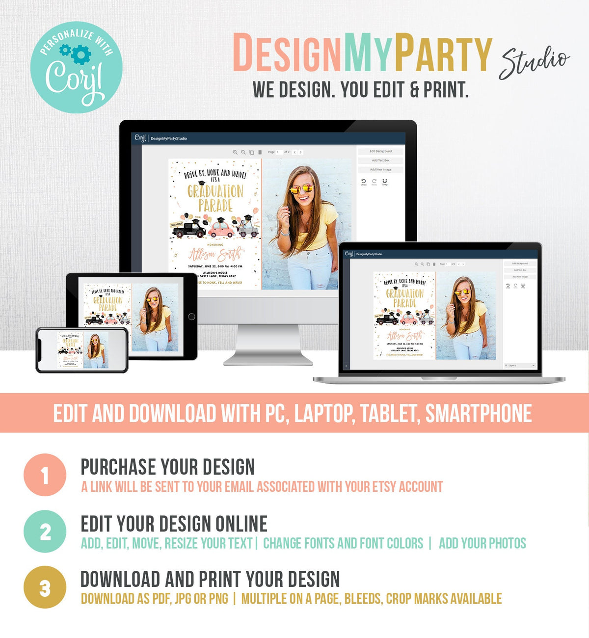 Editable Drive By Graduation Parade Invitation Drive Through Coral Girl Graduate High School Grad Class 2021 Quarantine Digital Corjl 0337